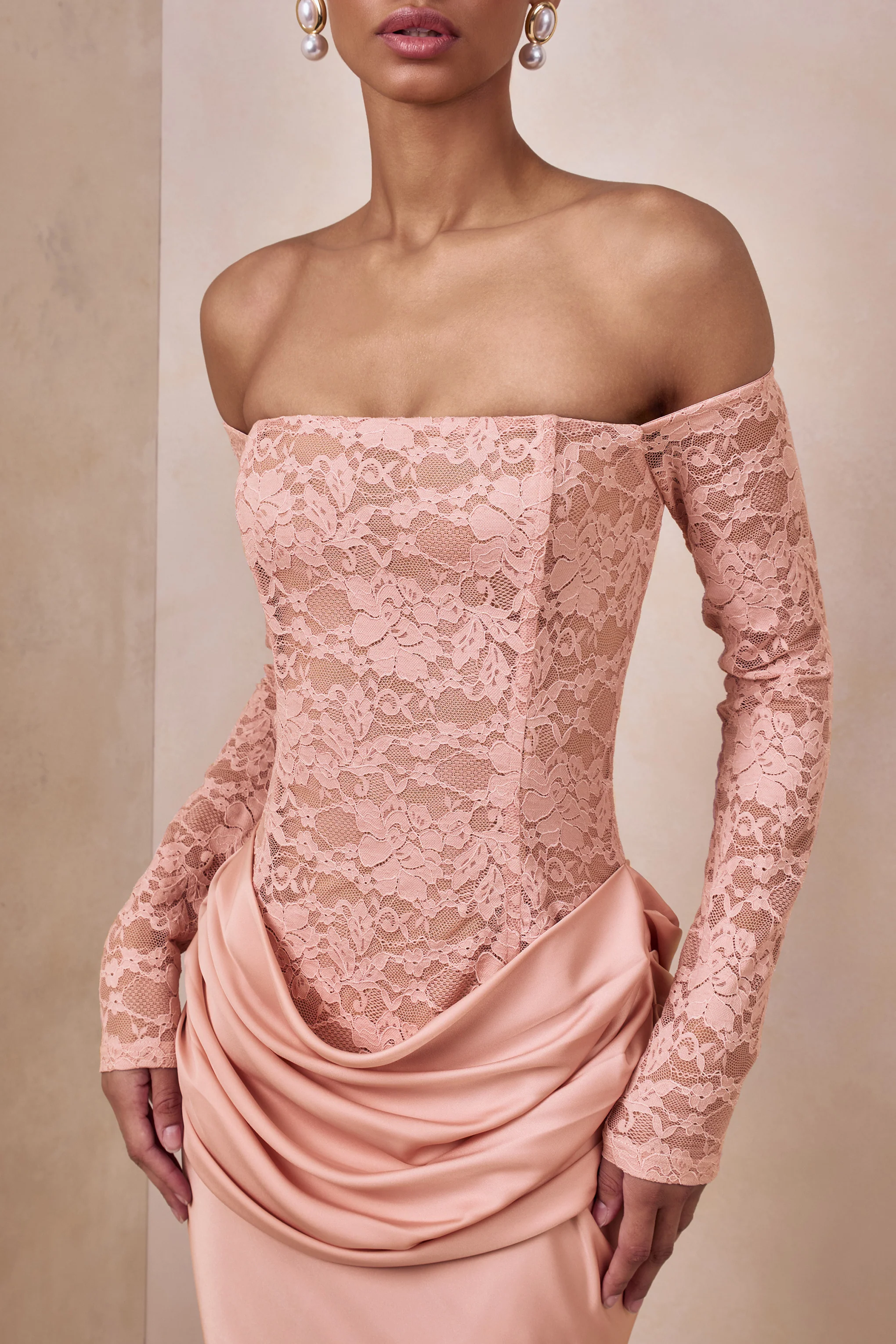 Rinna | Pink Lace And Satin Bardot-Neck Maxi Dress