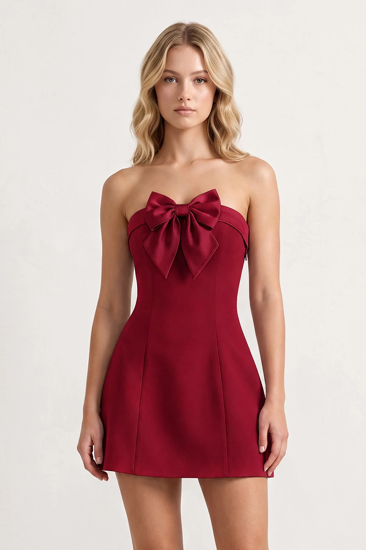 Sky Blue Bowknot Strapless Sheath Satin Homecoming Dress