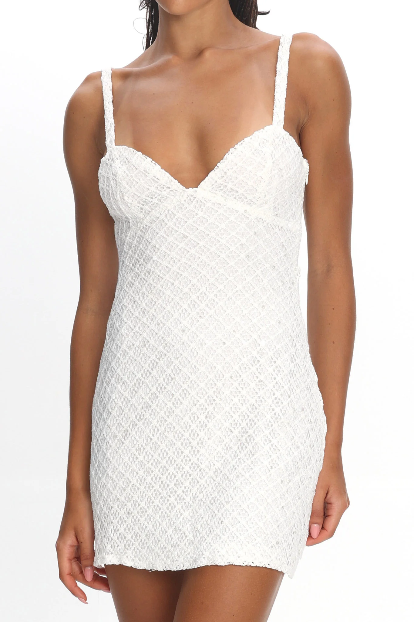 Honduras Crochet Knit Mini Dress Sequin Off White - luluinthesky