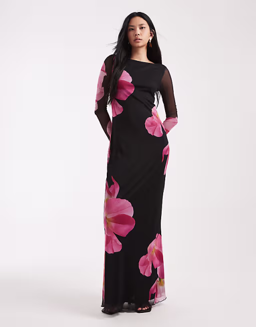 Vero Moda Tall long sleeve mesh maxi dress in black with overblown floral