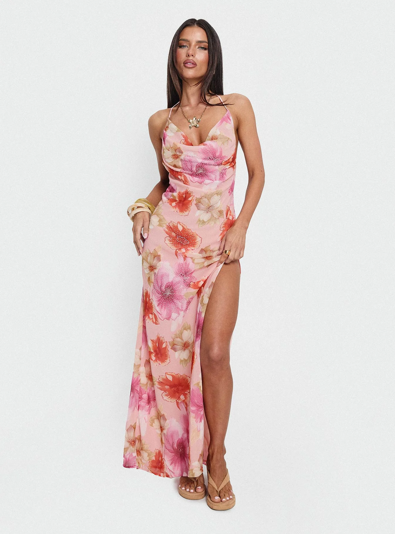 Sibellah Beaded Cowl Neck Maxi Dress Pink Multi