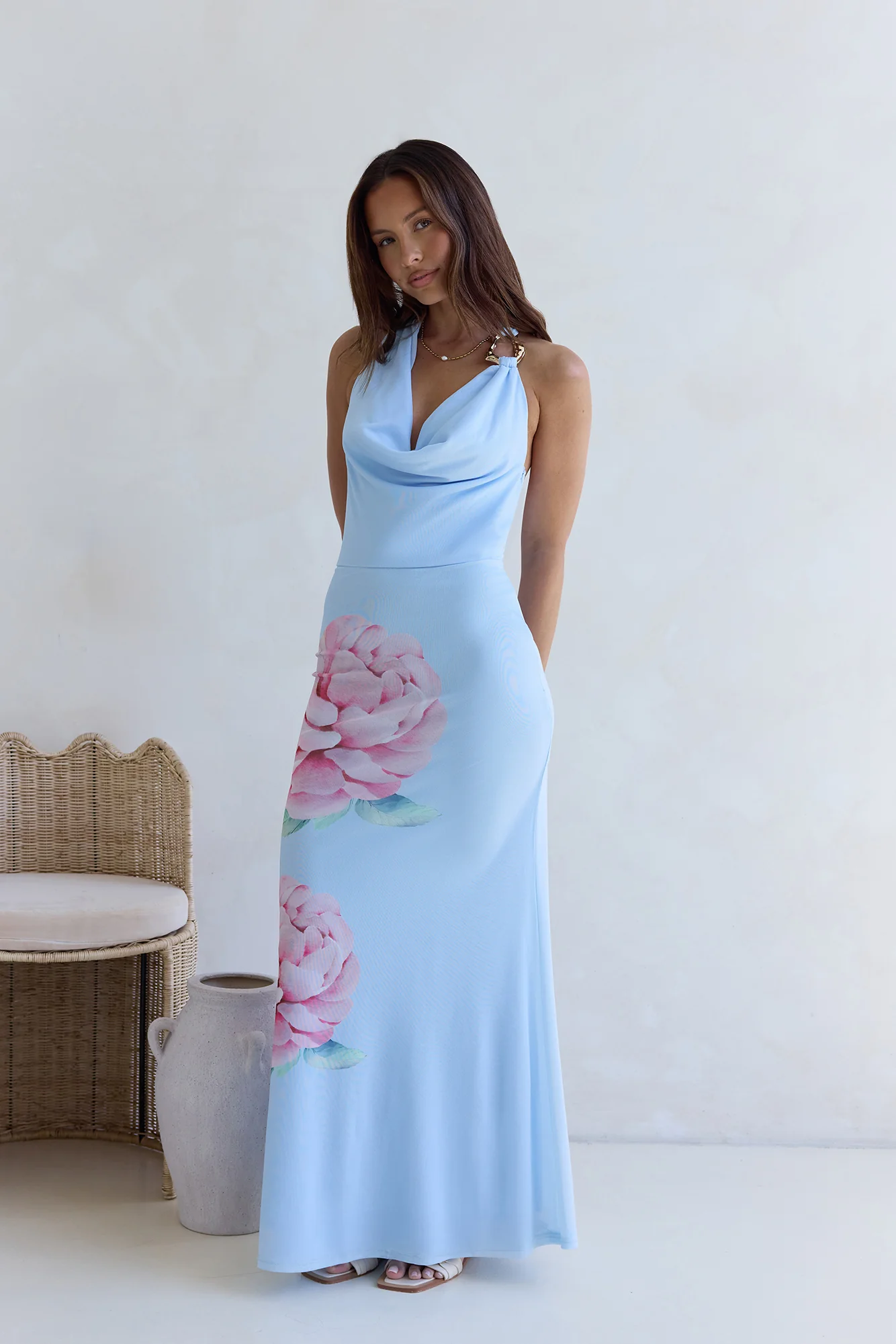 Truth Be Told Halter Mesh Maxi Dress Blue