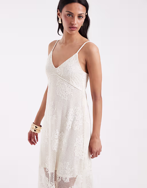 Object all-over lace cami midi dress in cream