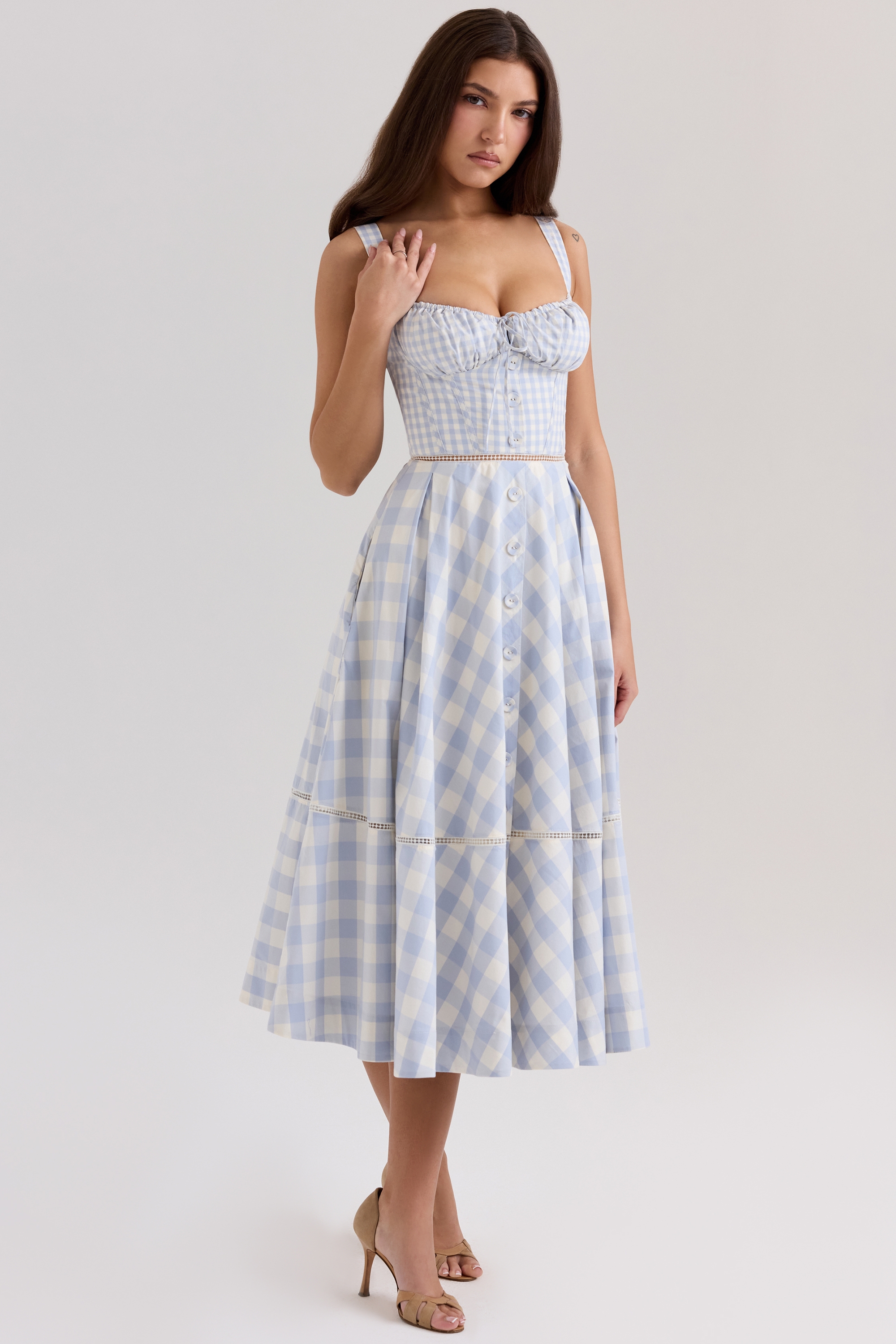 Light Blue Gingham Stretch Cotton Midi Dress