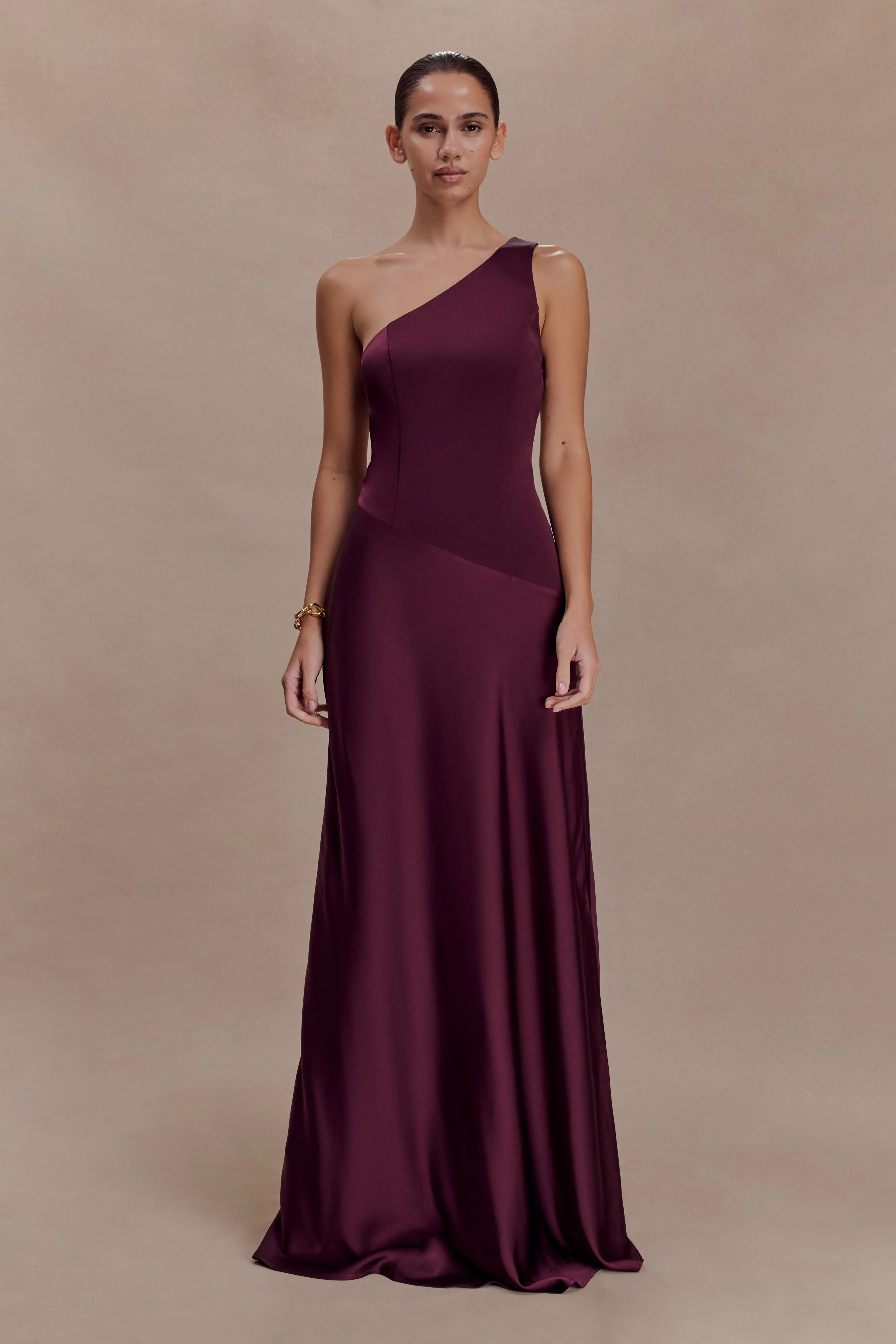 Lyla Asymmetrical Satin Maxi Dress - Plum