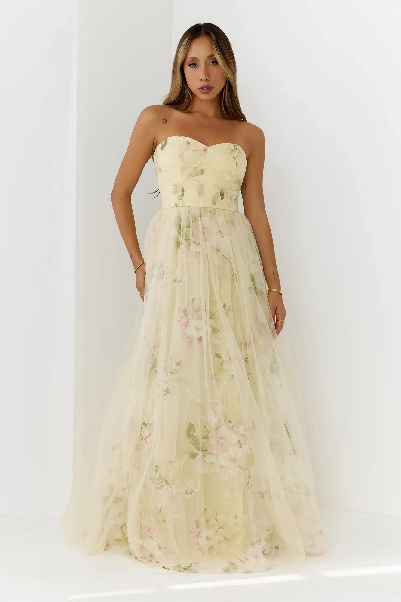 Dream Chaser Floral Tulle Maxi Dress Yellow