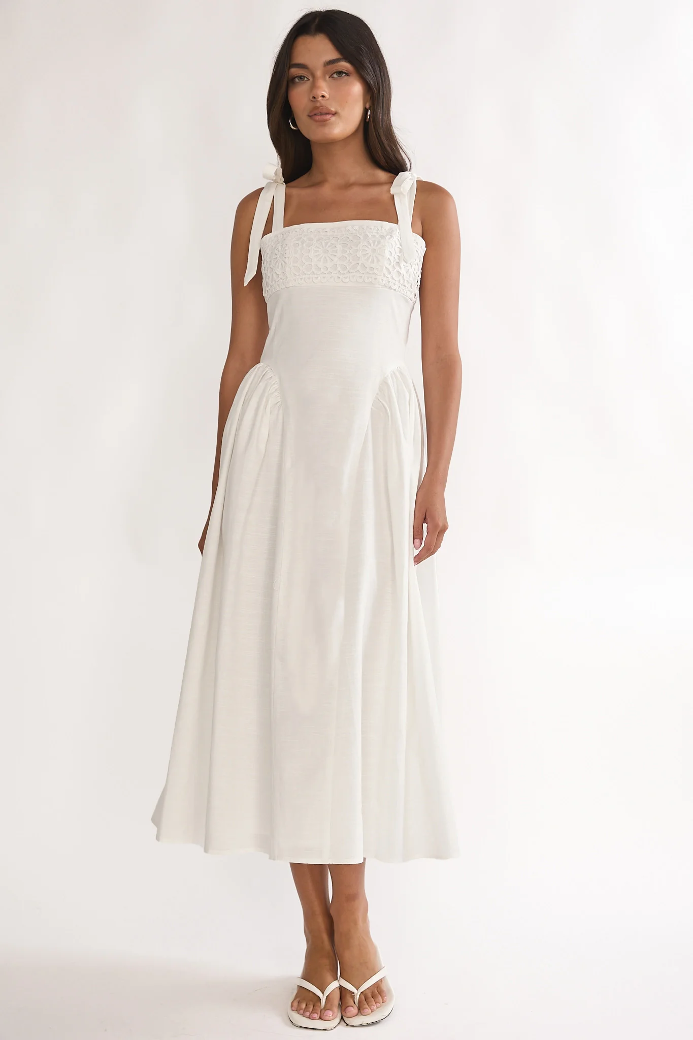 Morgana Tied Shoulder Applique Midi Dress Off White