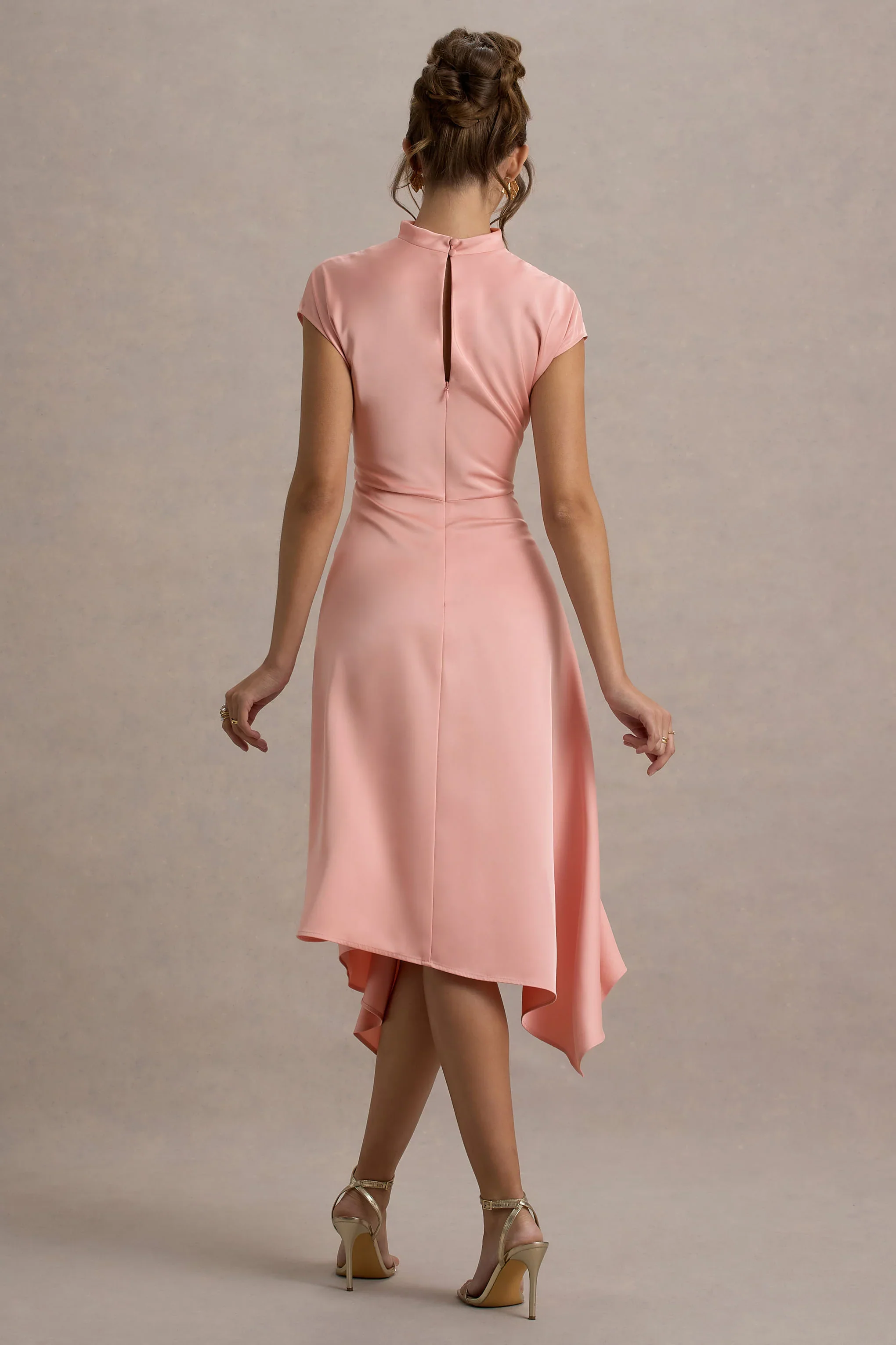 Velma | Light Pink Satin Midi Dress With Draped Hem