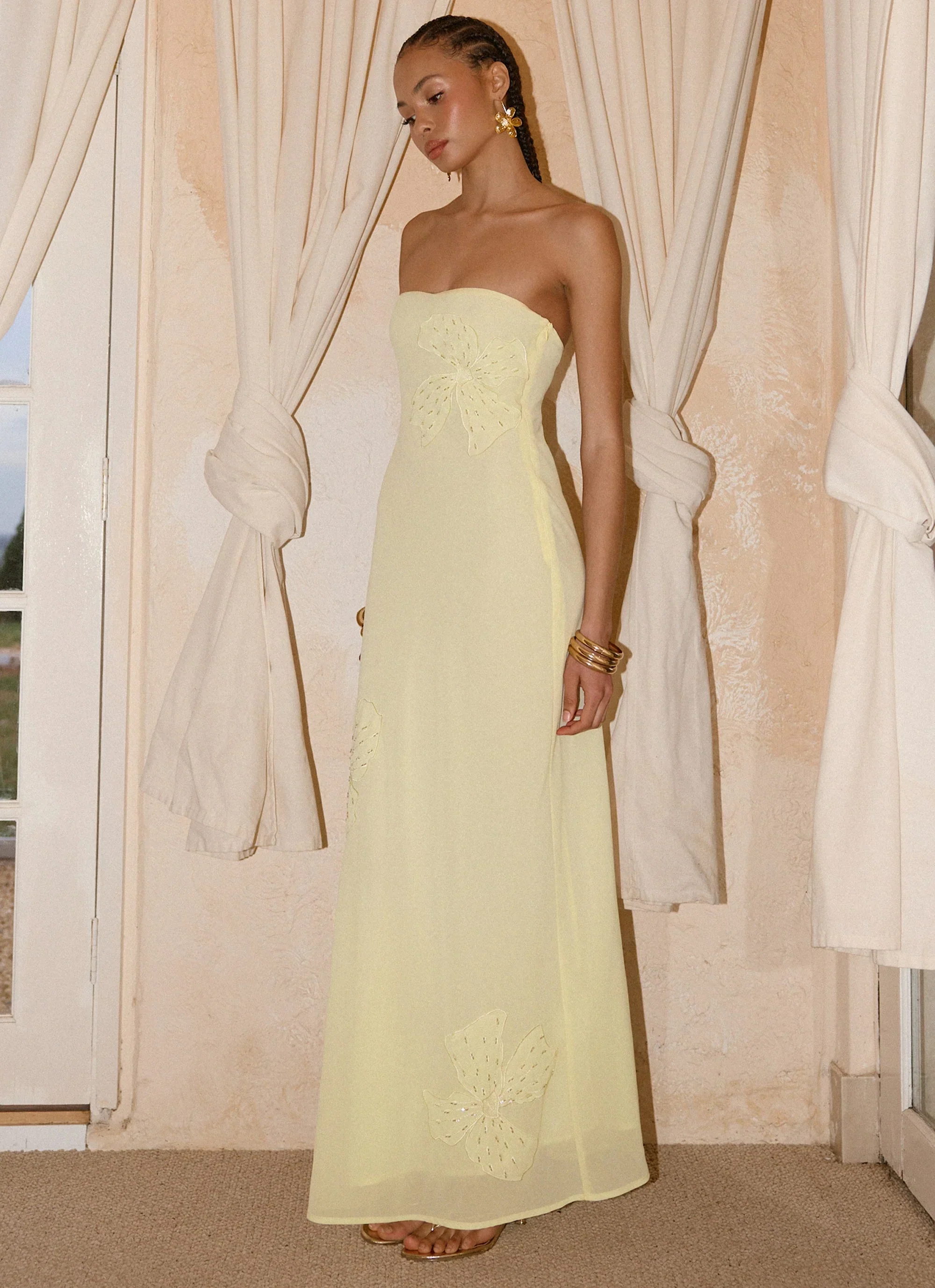 Sassafras Beaded Flower Strapless Maxi Dress - Yellow - luluinthesky