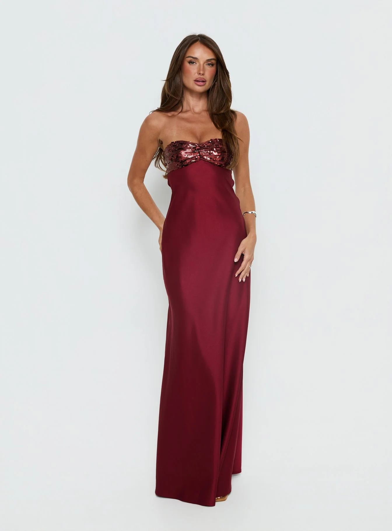 See The Vision Sequin Bust Strapless Maxi Dress Burgundy