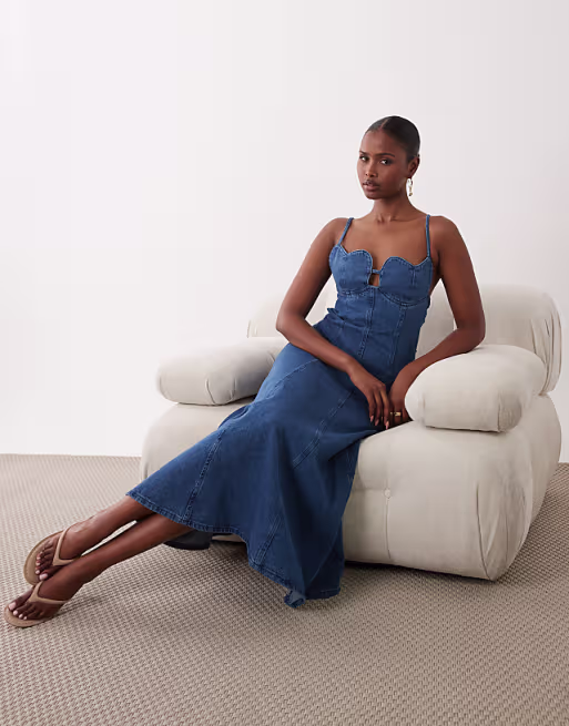 ASOS LUXE denim midi dress with heart bust detail