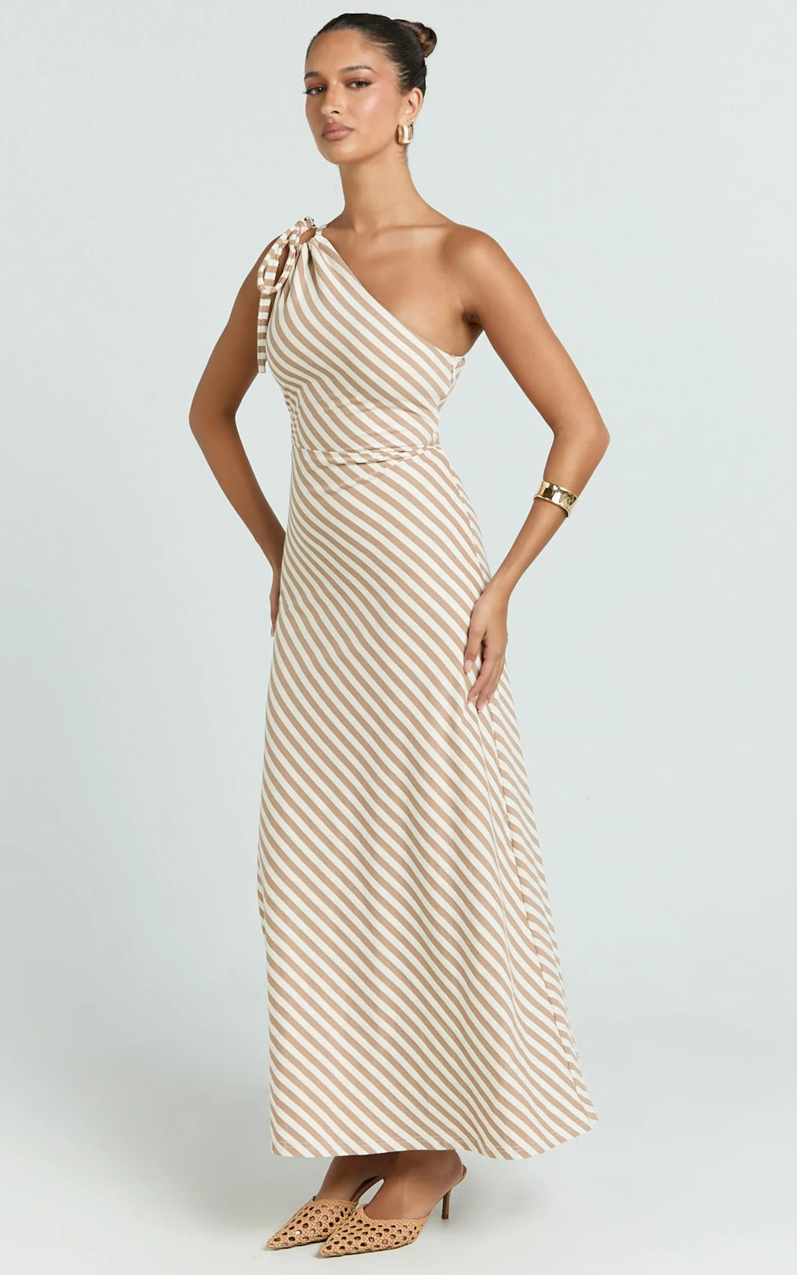 Dora Midi Dress - One Shoulder Dress in Beige