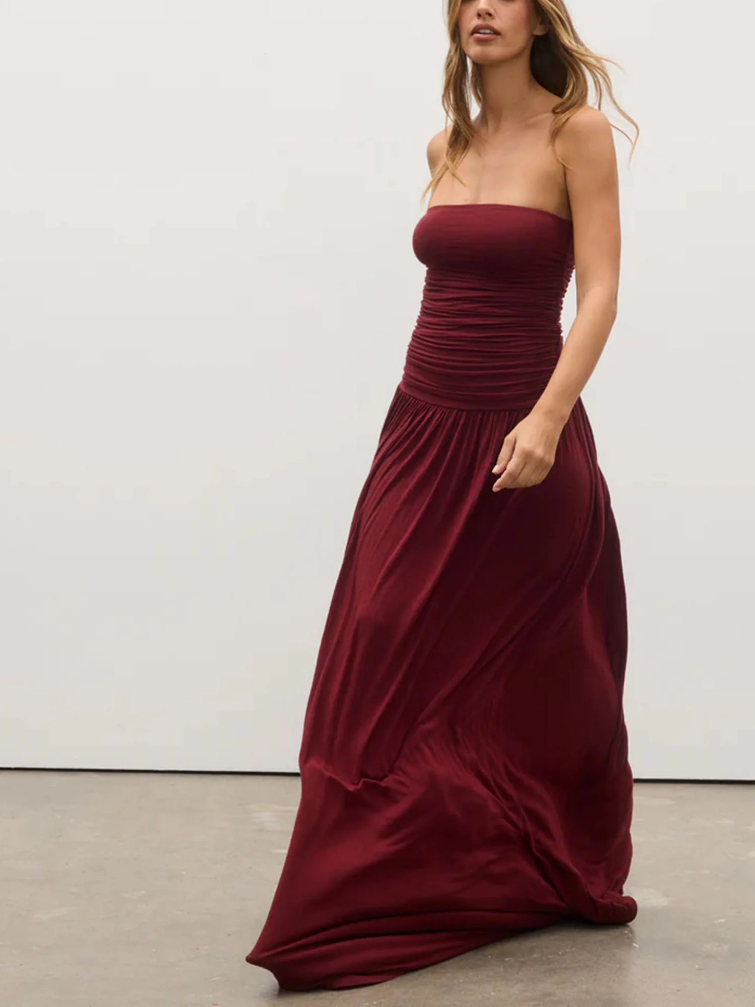 Burgundy Strapless Ruched Maxi Dress