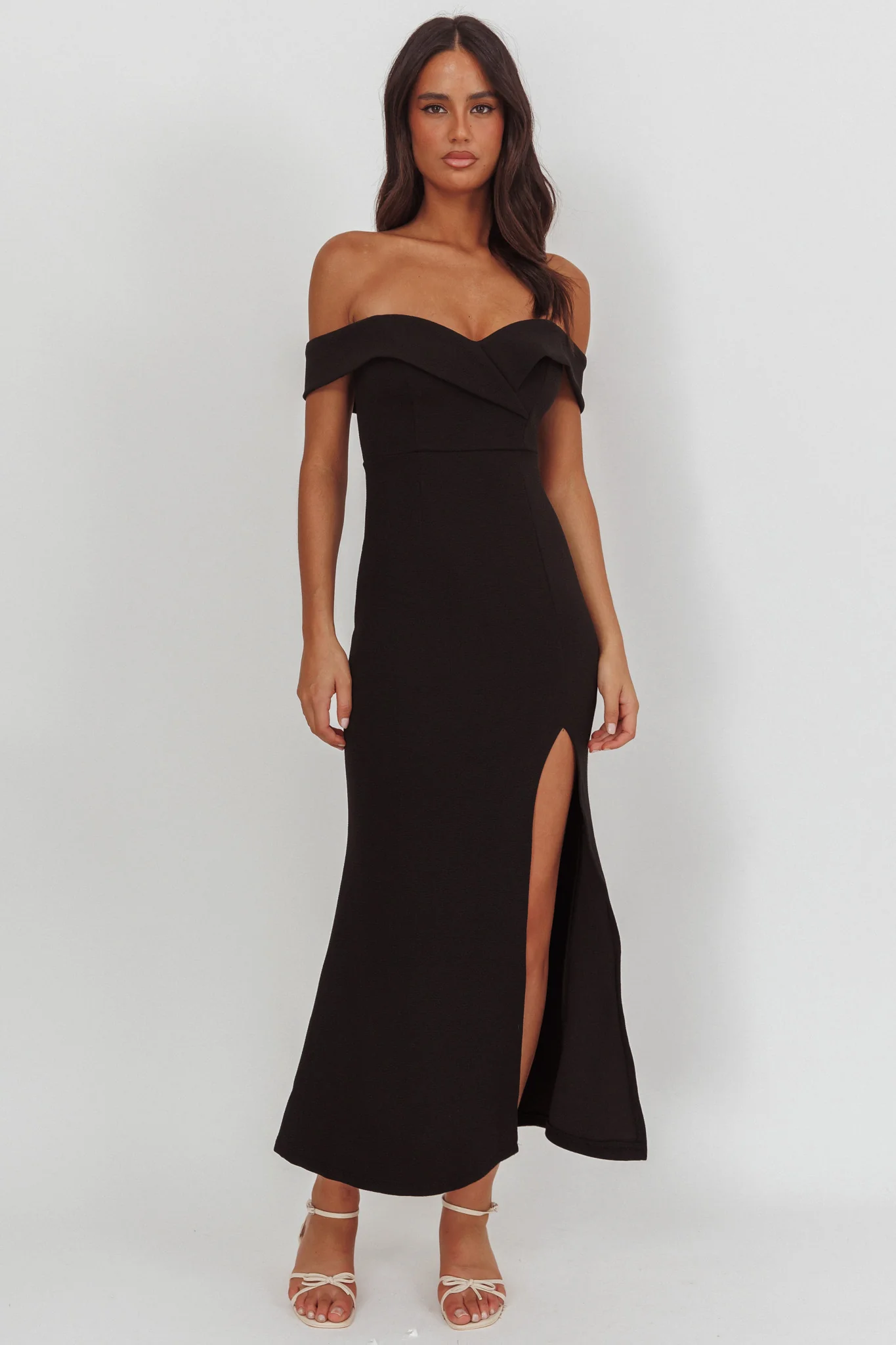 Rider Off-Shoulder Front Split Maxi Dress Black