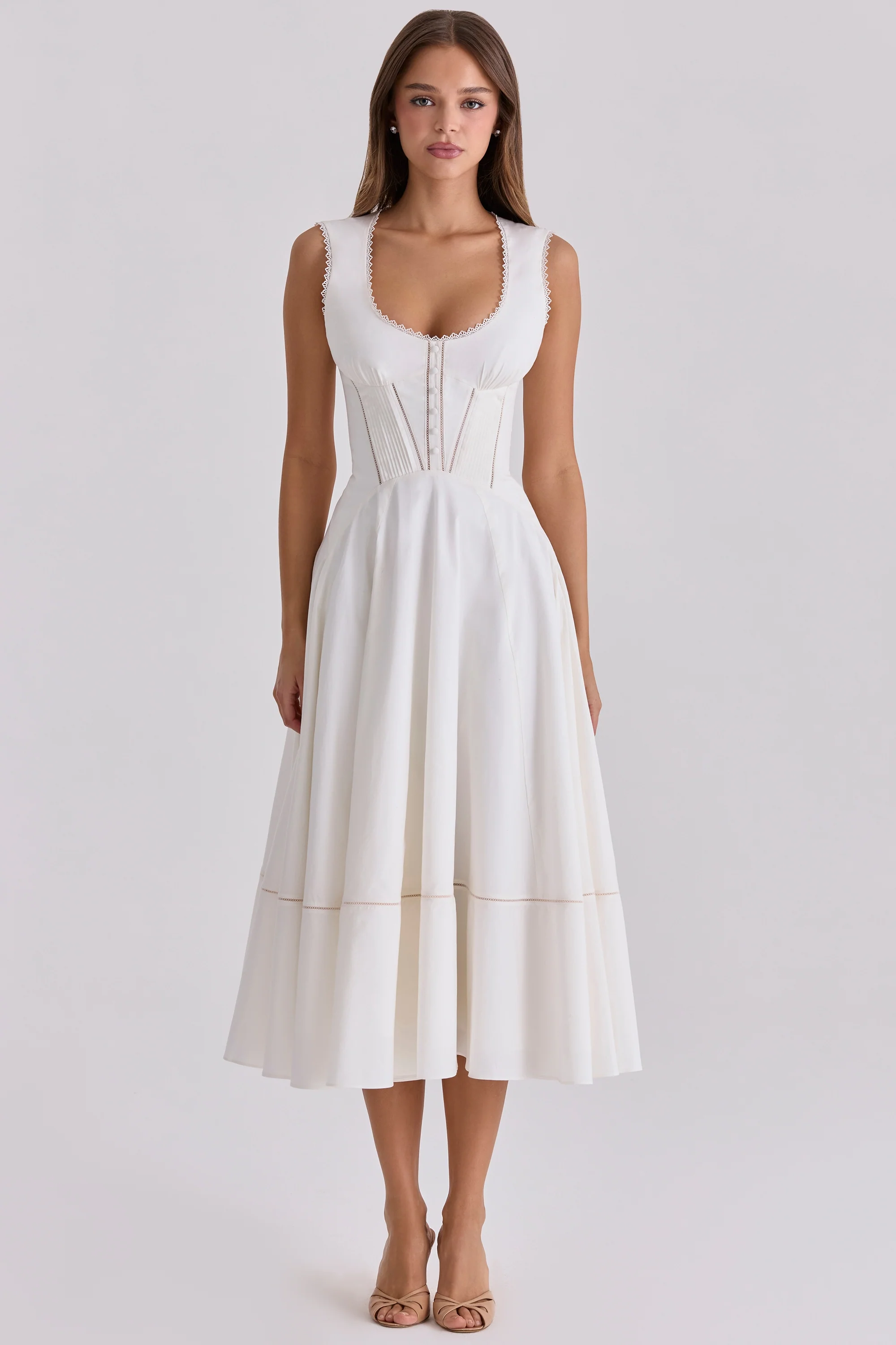 White Cotton Waist Cinch Midi Sundress