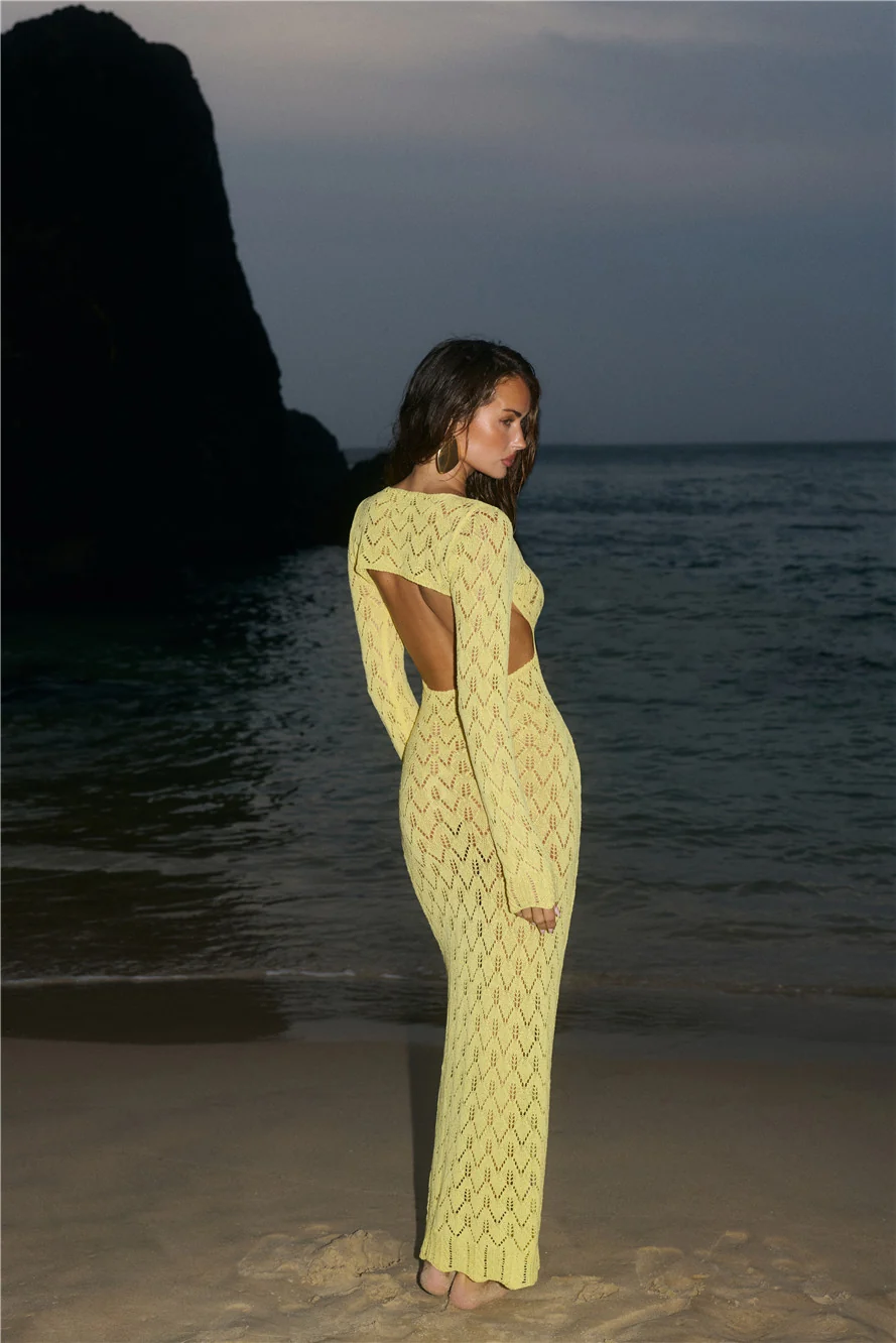 Island Aura Long Sleeve Knit Maxi Dress Yellow