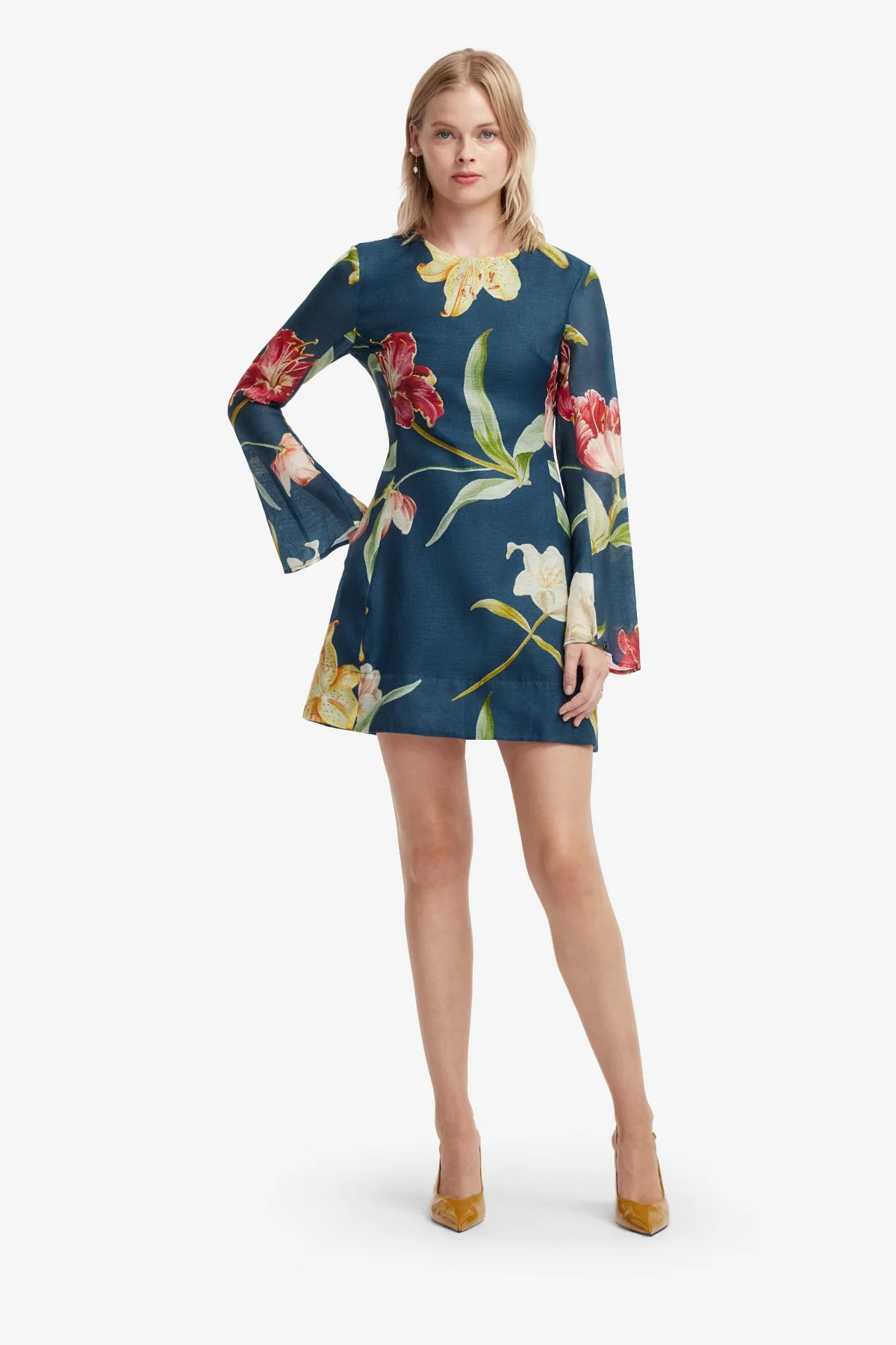 Suzanne Bell Sleeve Mini Dress - Lily Print in Indigo