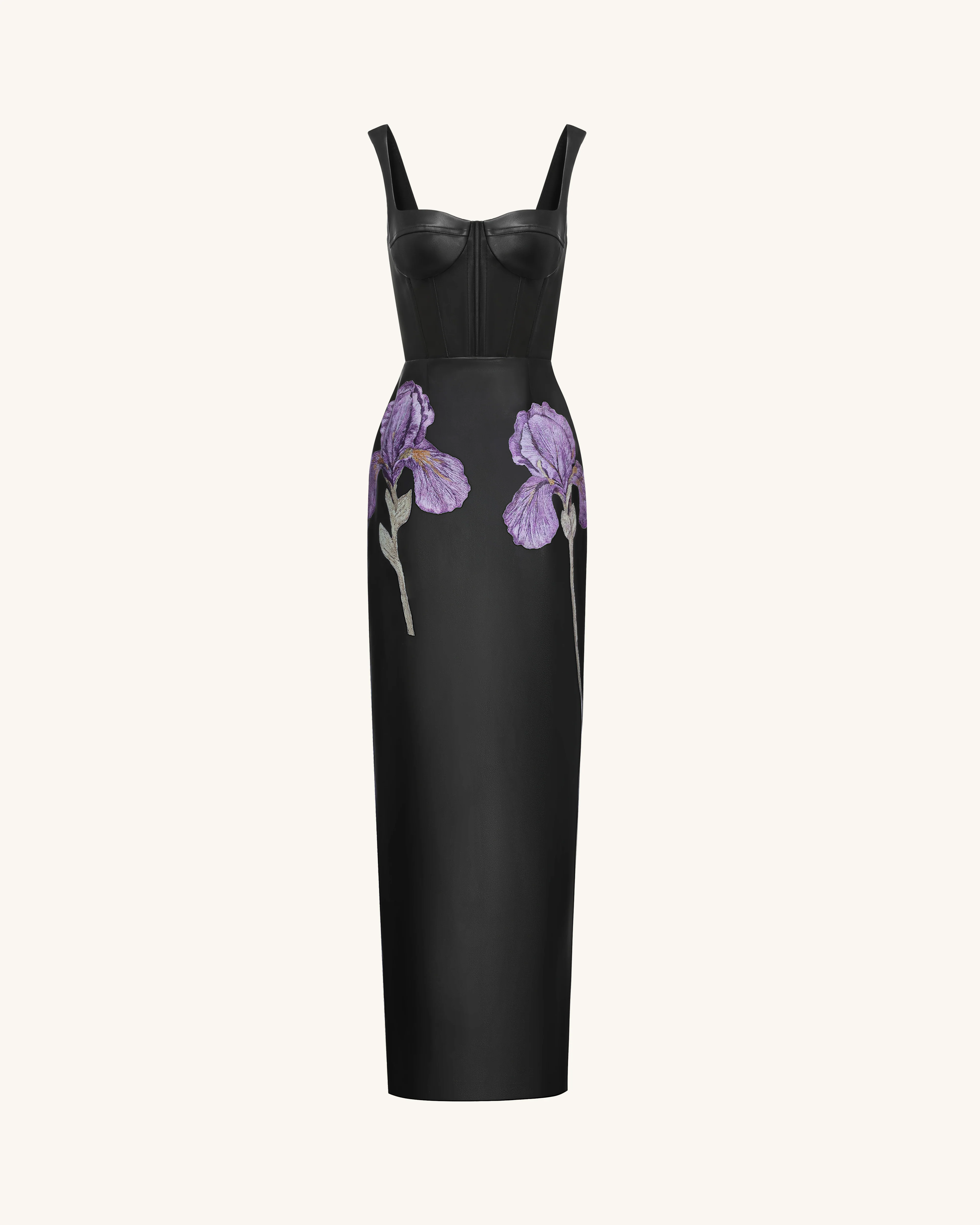 Iris Floral-Print Strappy Corset Leather Maxi Dress - Black - FASHION NOB