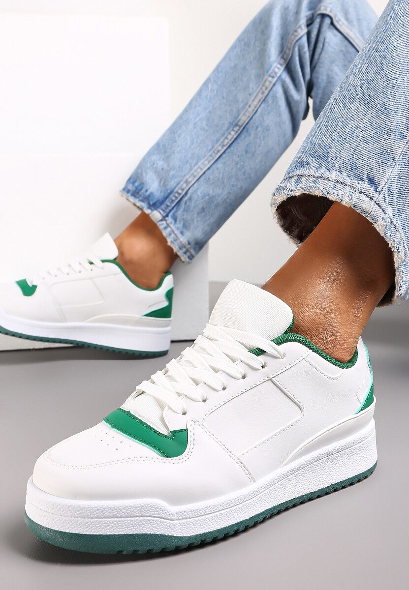 Biało-Zielone Sneakersy z Perforacją na Nosku i Wstawkami na Zapiętku Favisi