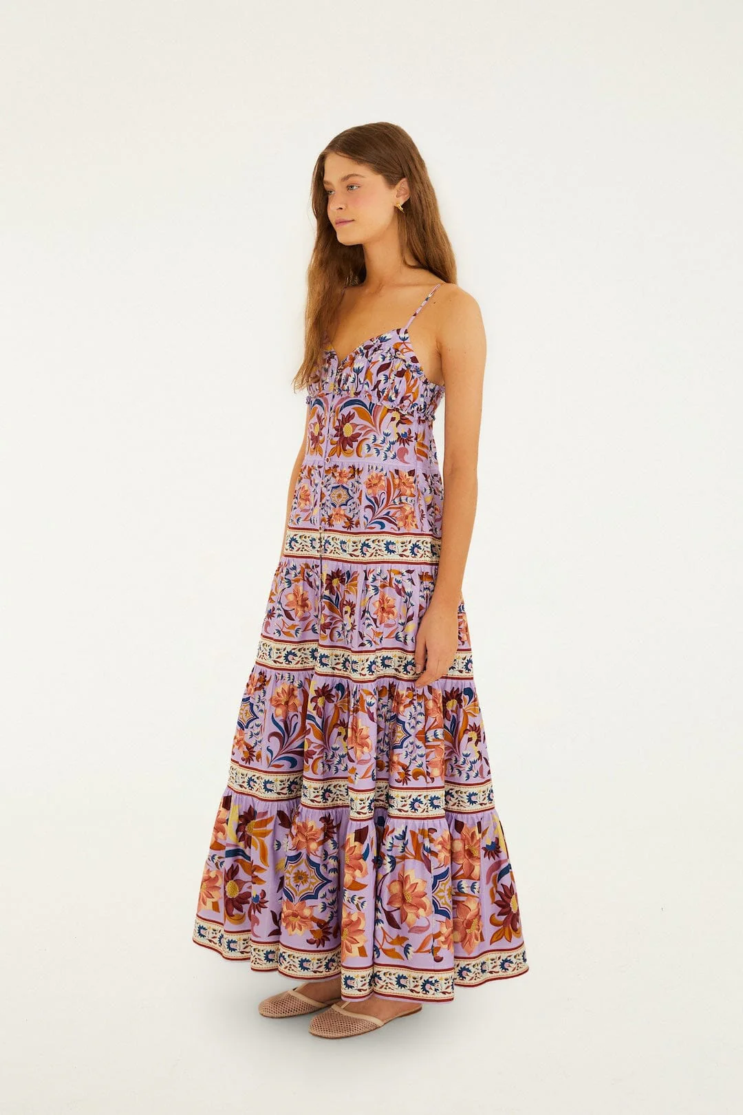 Lilac Flower Tiles Sleeveless Tiered Maxi Dress