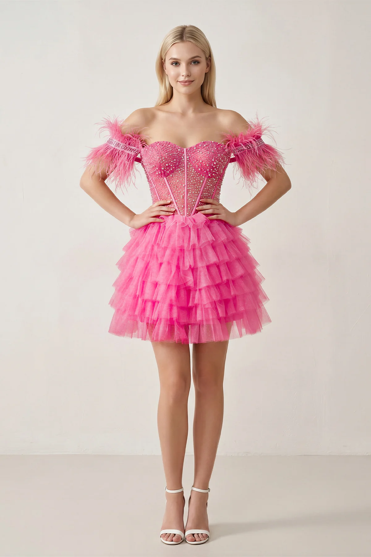A Line Off the Shoulder Beaded Homecoming Dress with Feathers