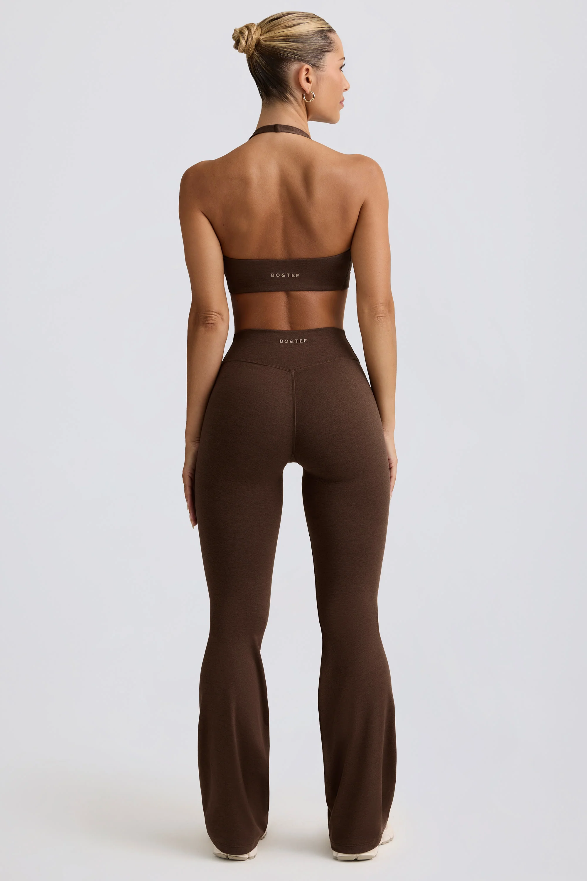 Brushed Jersey Ruched Flared Trousers in Pecan Marl