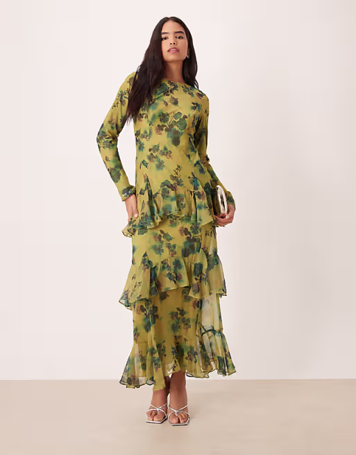long sleeve ruffle chiffon maxi dress in green floral