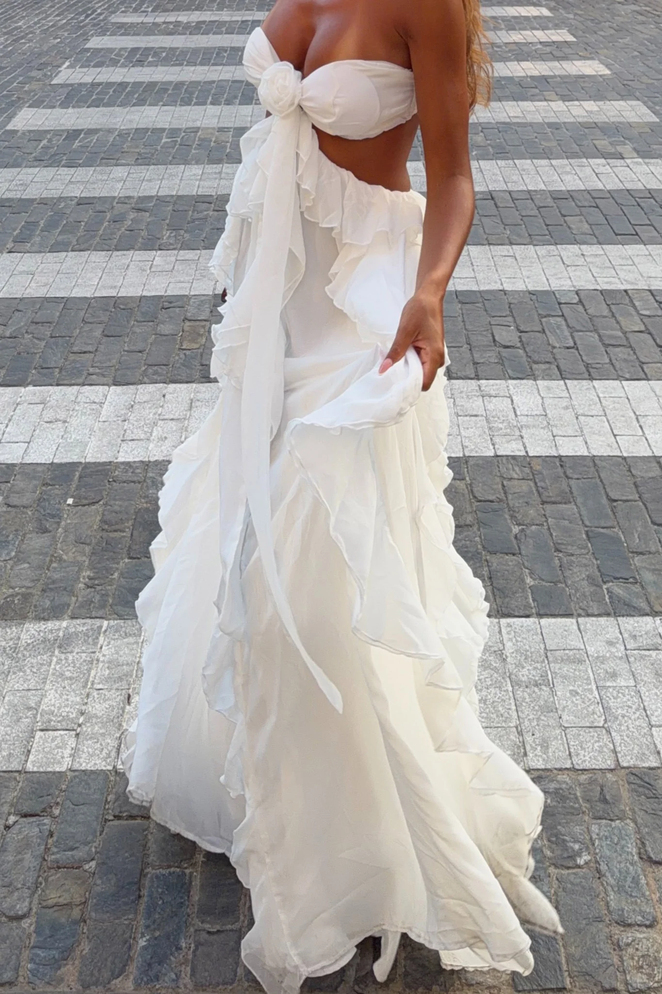 Santiago Cut-Out Ruffle Maxi Dress White - luluinthesky