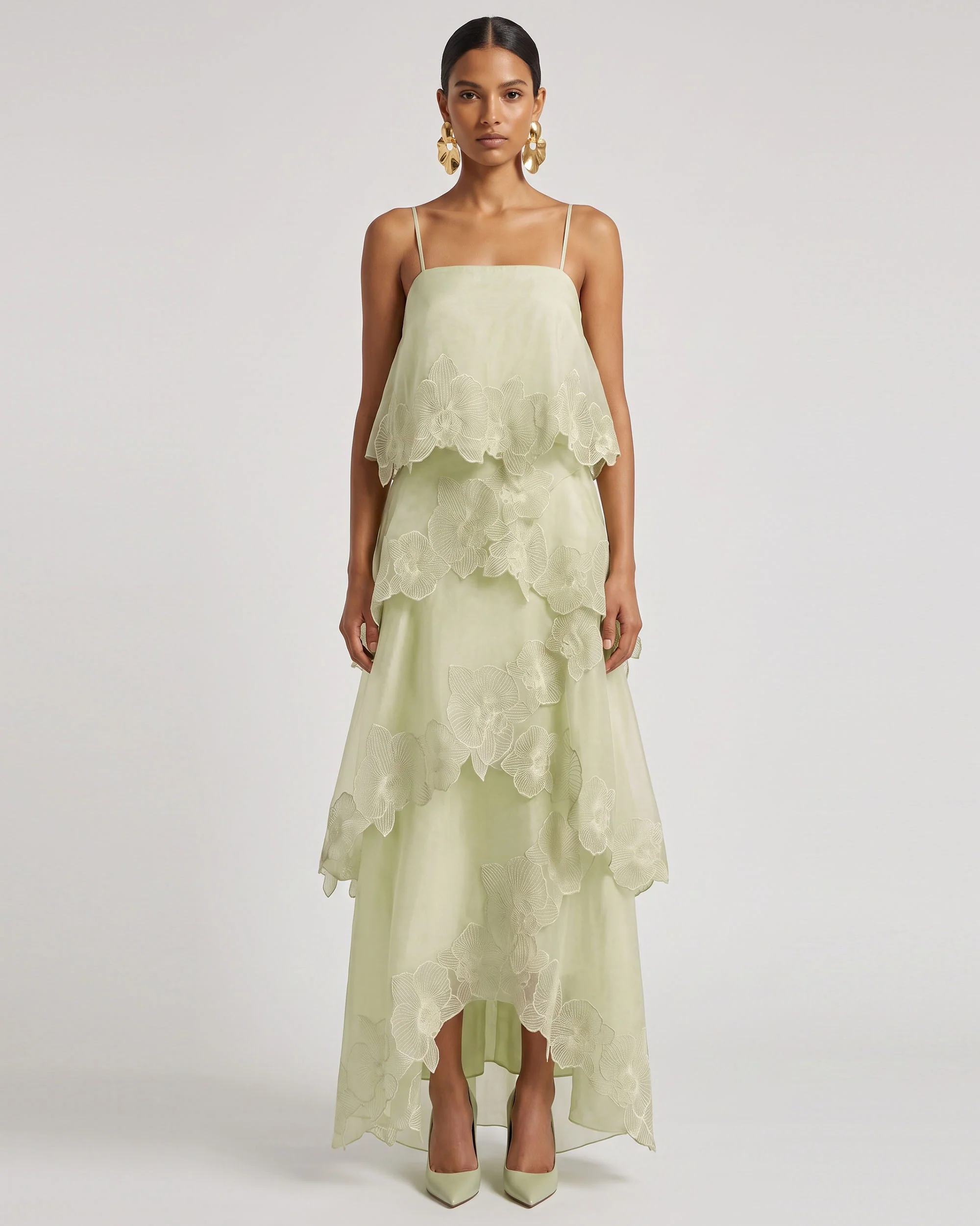 Orchid Embroidered Layered Maxi Dress - Light Green