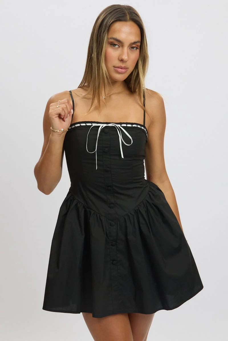 Black Fit And Flare Dress Ribbon Tape Mini