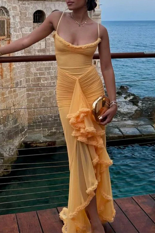 Apricot Ruffled Front Gown