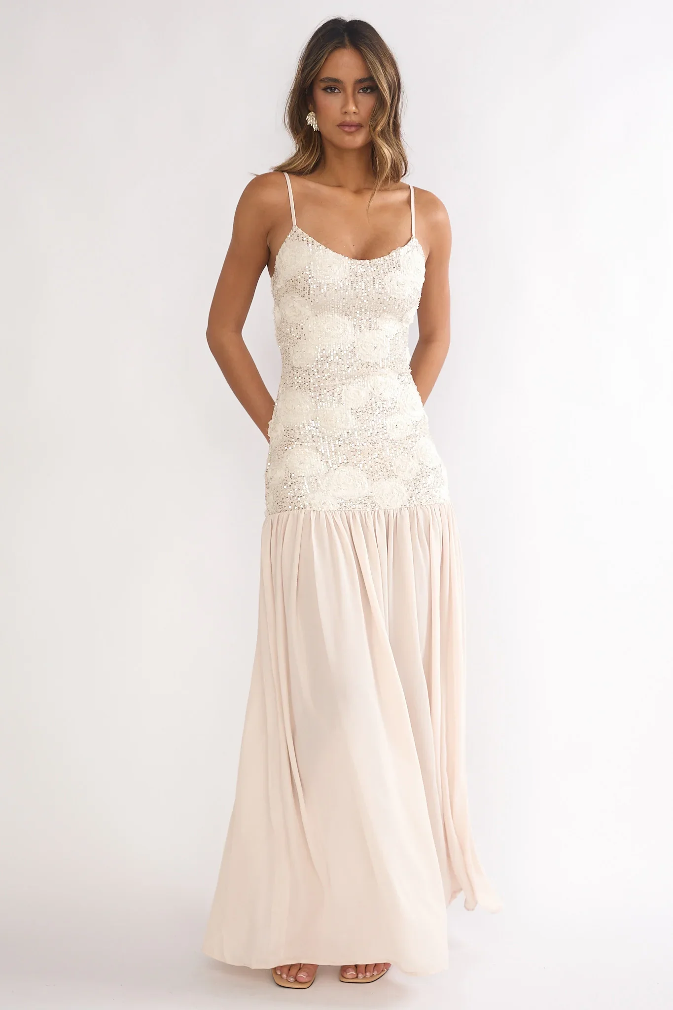 Opheliane Drop Waist Sequin Maxi Dress Champagne - luluinthesky