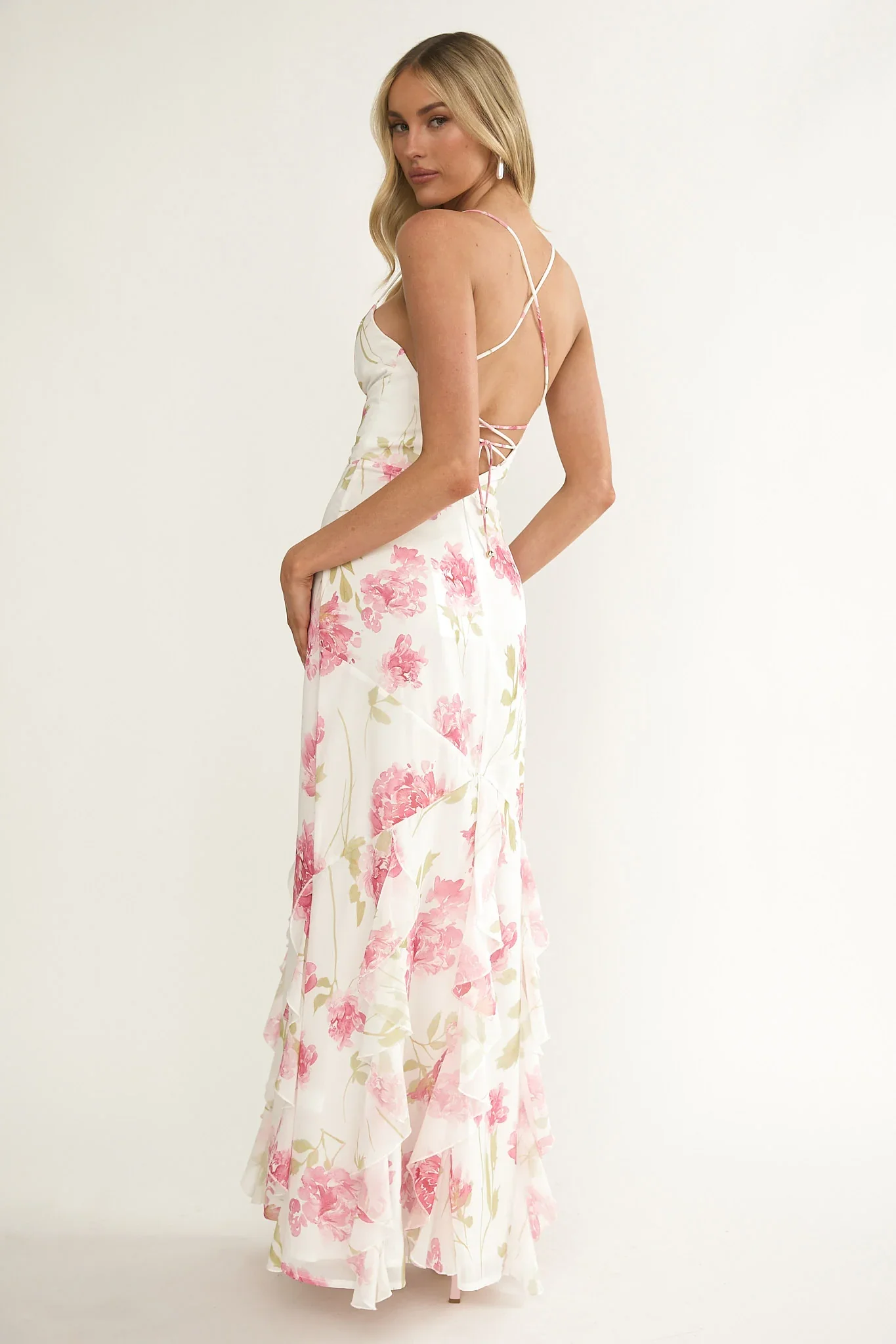Charlisa Strappy Back Ruffle Maxi Dress Flowers White