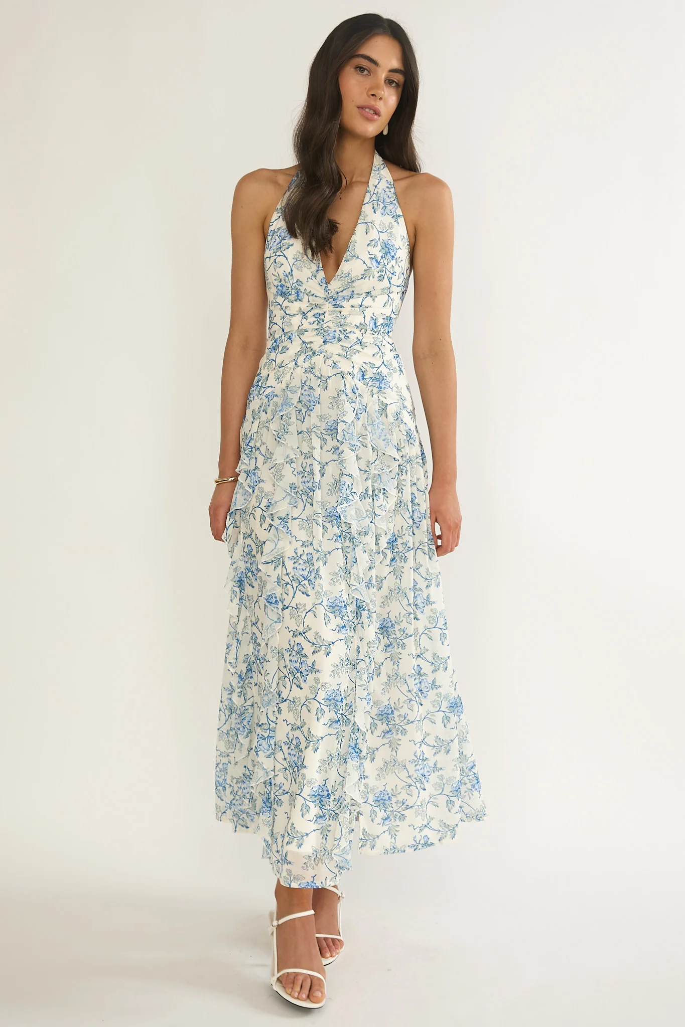 She's Glowing Halterneck Ruffle Dress Floral Blue