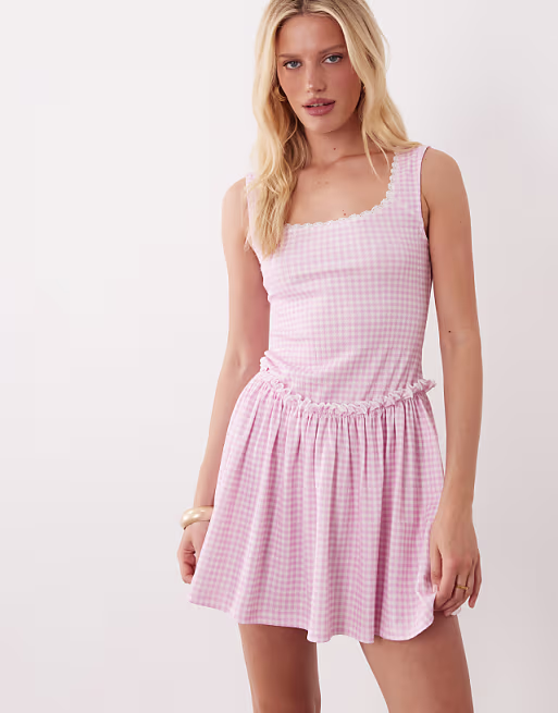 Miss Selfridge square neck mini dress in pink gingham