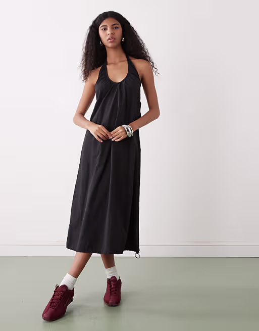 COLLUSION nylon ruched volume halter midi dress in black