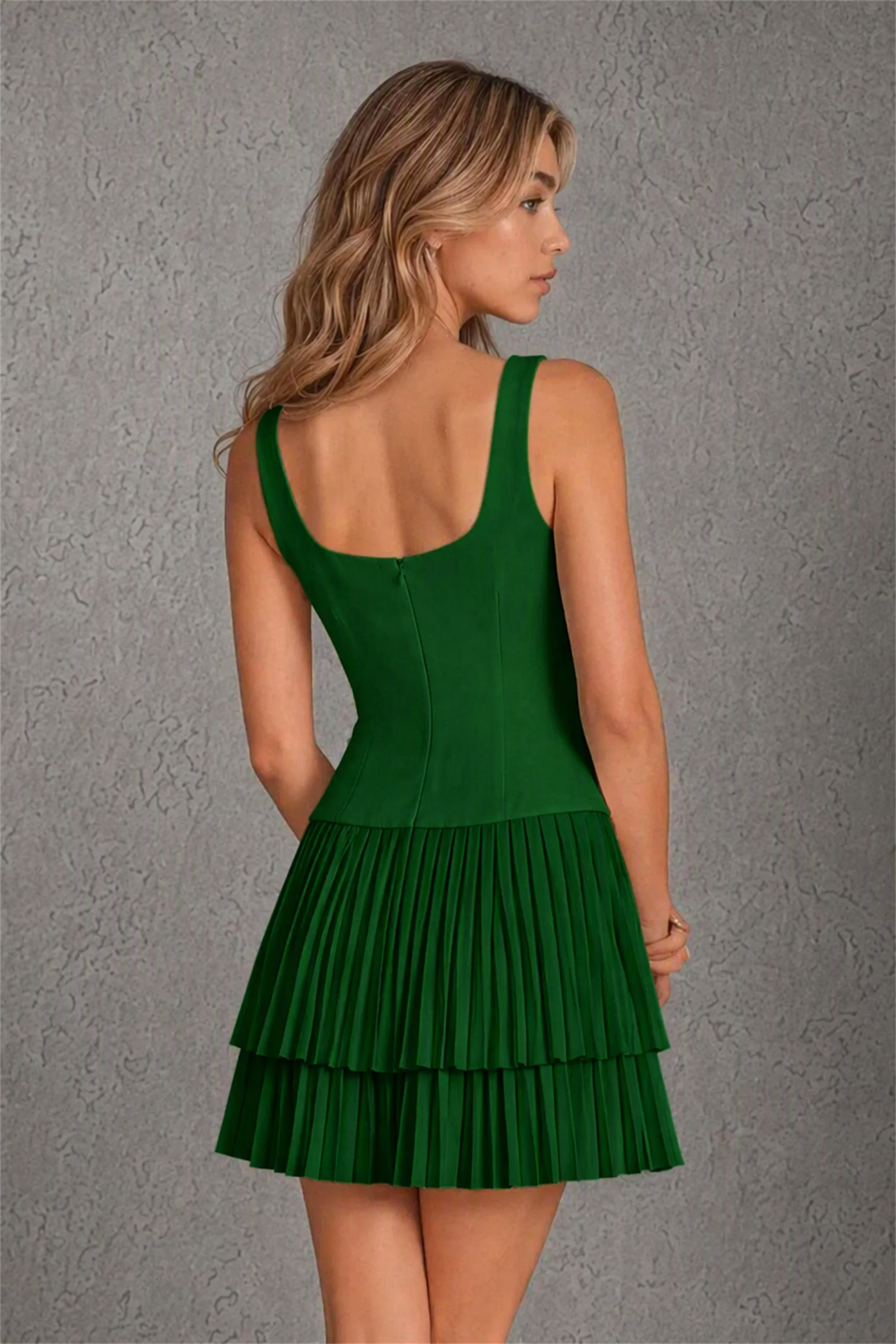 BOLODOO Emerald Green Knit Square Neck Wide Strap Corset Bodice Tiered Pleated Mini Dress with Low Back