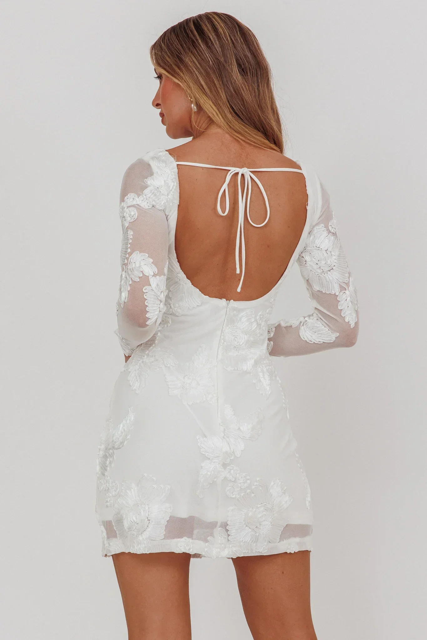 Karma Long Sleeve Scoop Back Dress Embellished White - luluinthesky