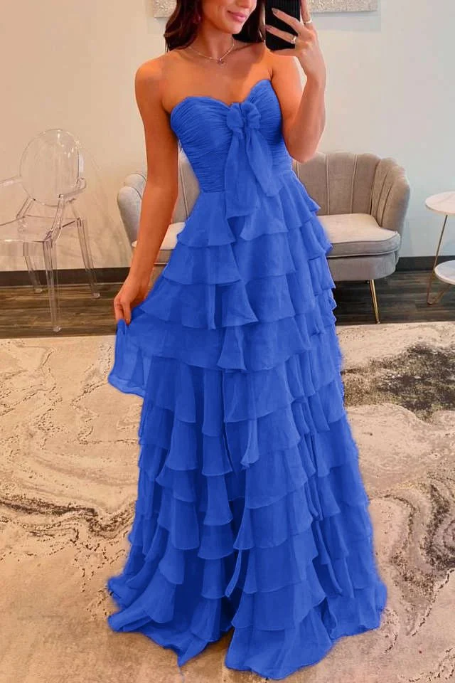 Cinizia | Chiffon Fuchsia Sweetheart Tiered Ruffles Prom Dress with Slit