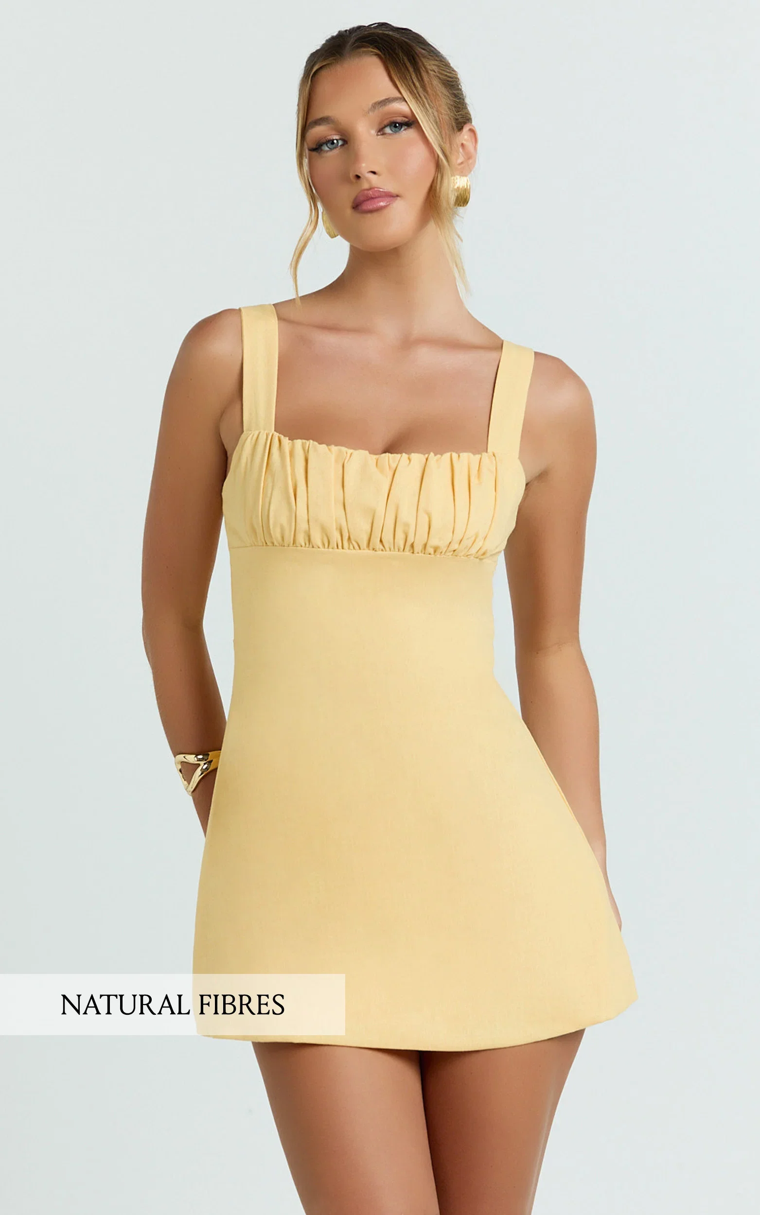 Welmina Mini Dress - Square Neck Front Placket Dress in Lemon