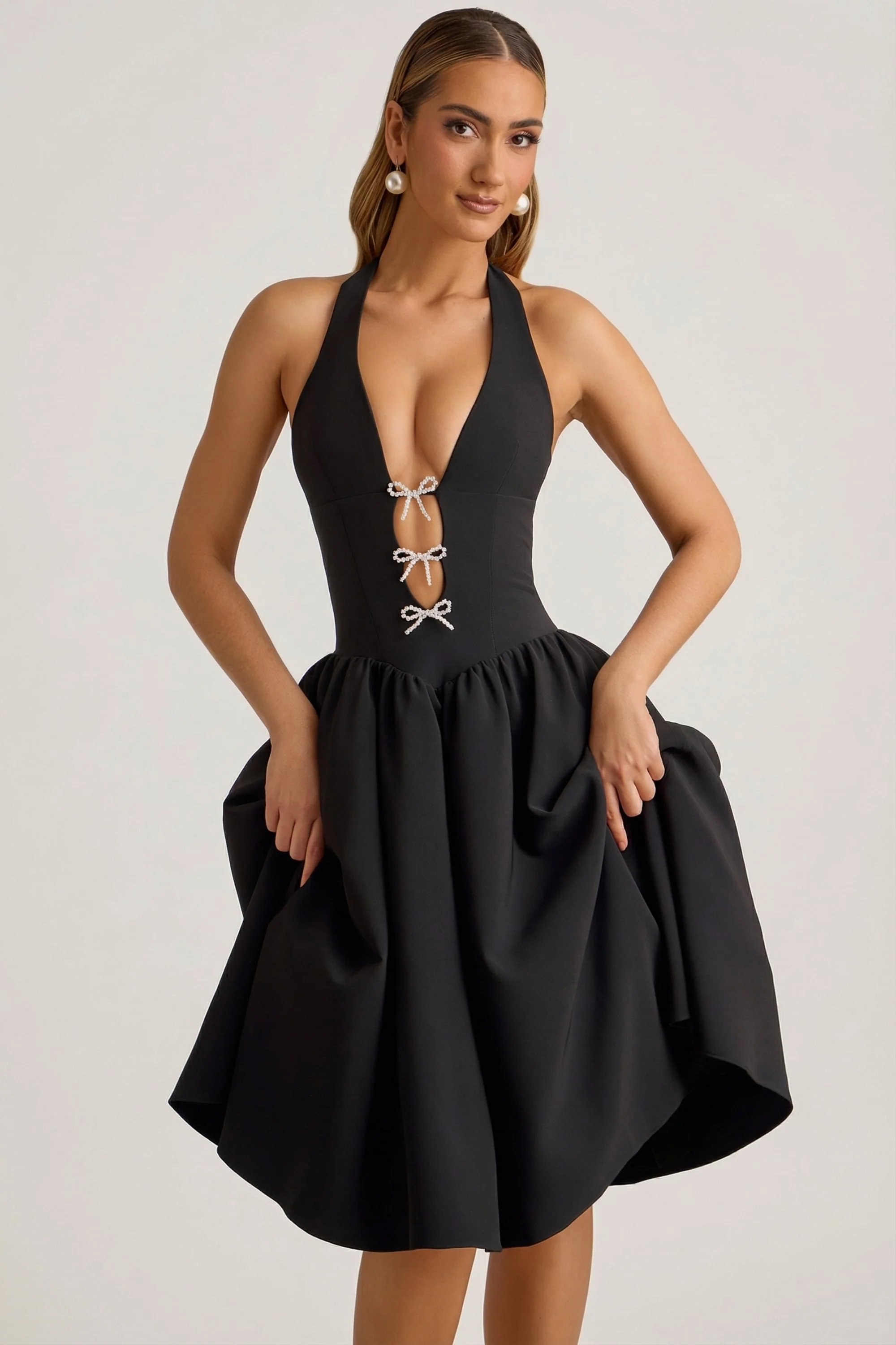 Halterneck Bow-Detail Midi Dress in Black