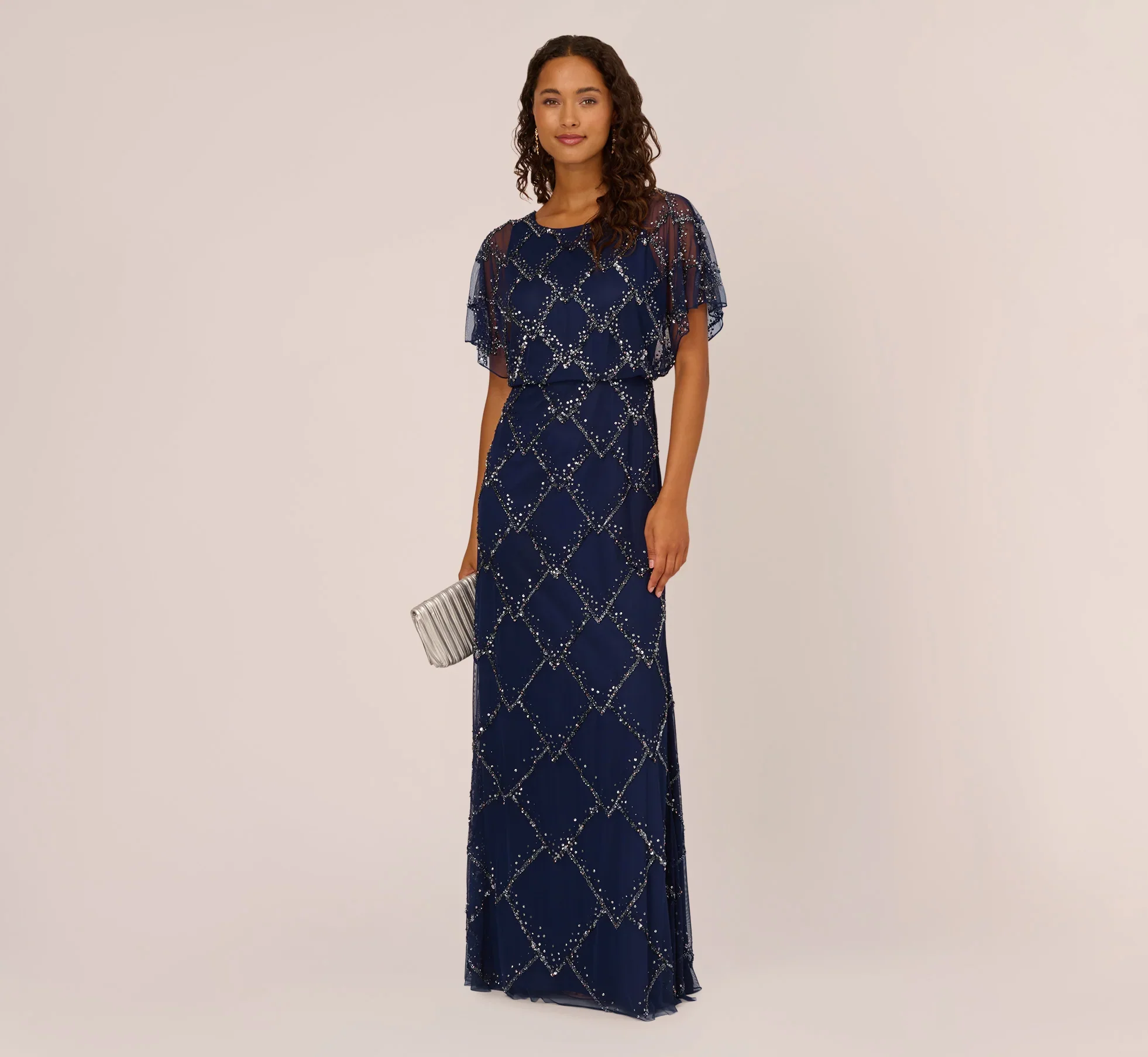 Hand-Beaded Blouson Long Gown With Flutter Sleeves In Light Navy