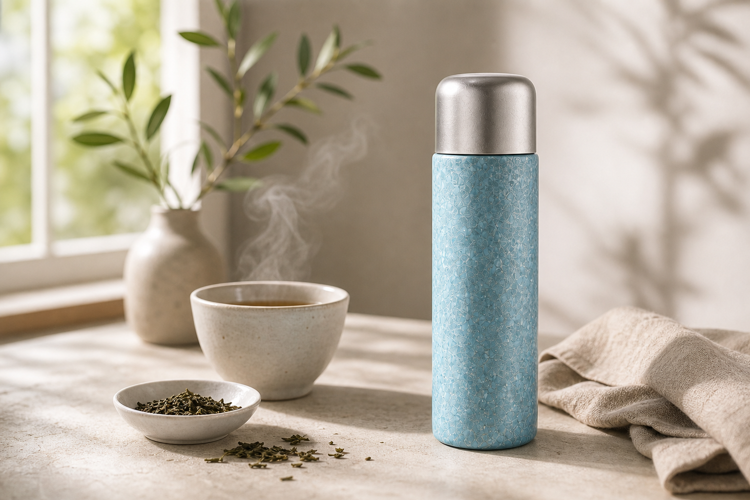 Blue Avinoti titanium tea infuser travel cup beside brewed tea and loose tea leaves