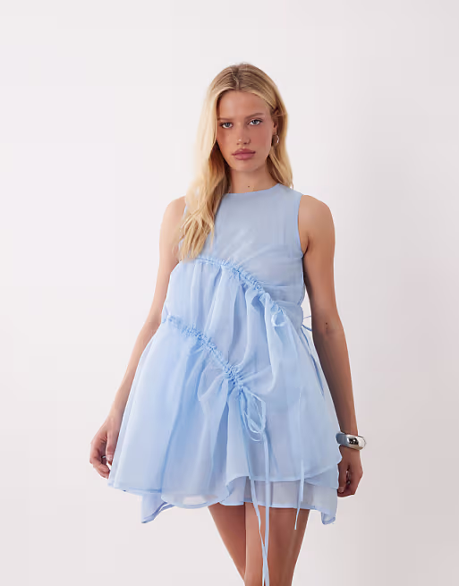 Ghospell Indie mesh overlay sleeveless drawstring detail mini dress in light blue