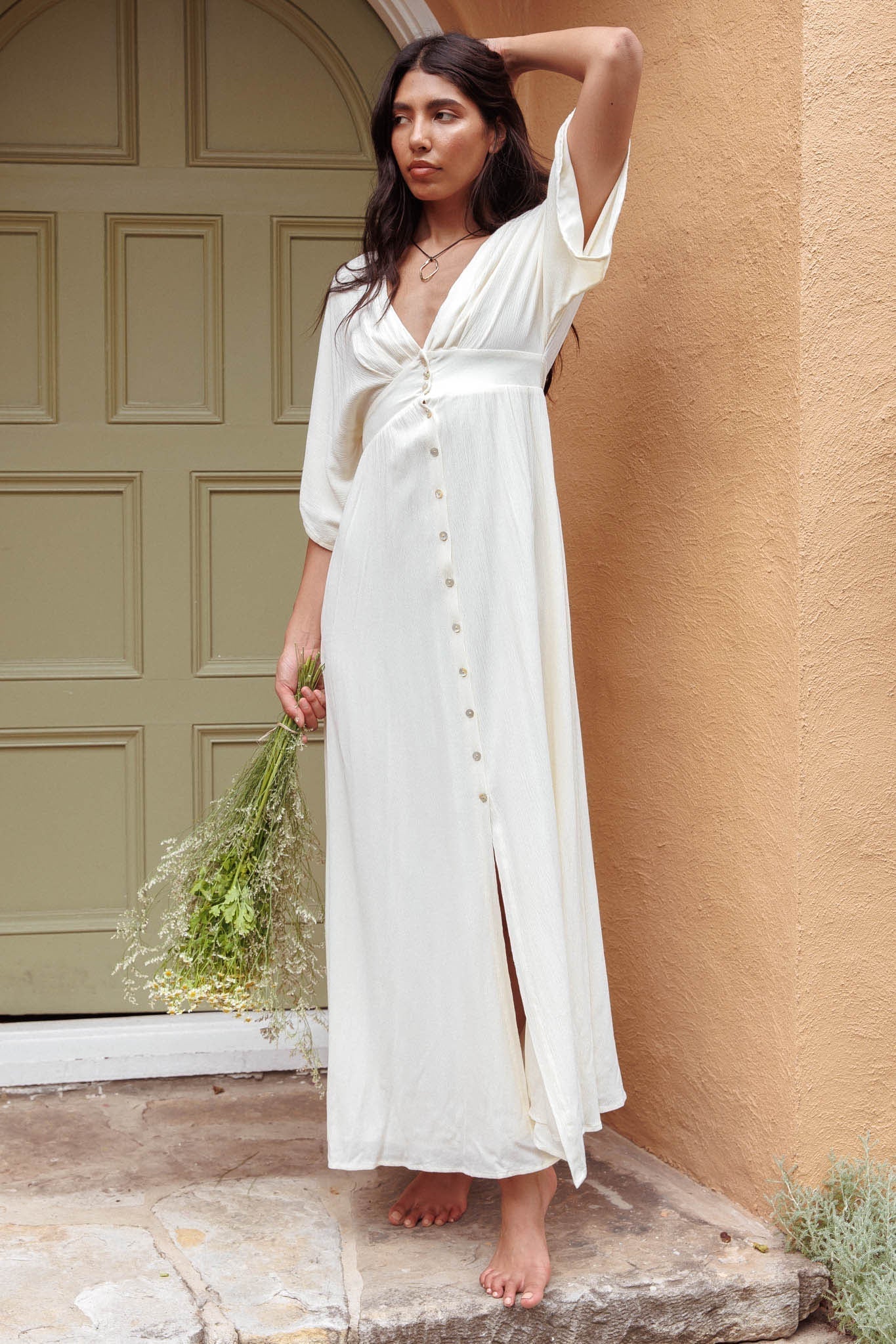 Paradise Found V-Neck Button Maxi Dress Natural - luluinthesky