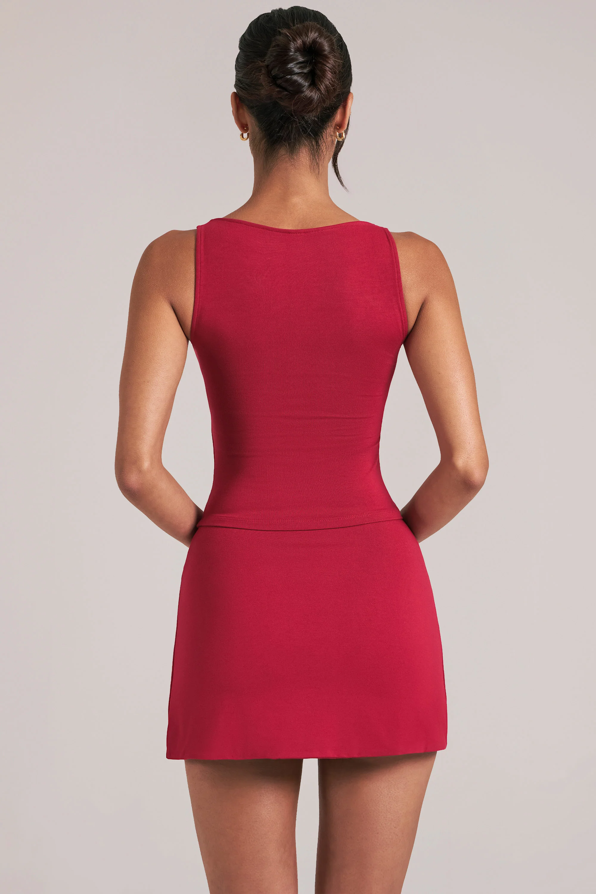 Mid-Rise Bodycon Ultra Mini Skirt with Split in Cherry Red