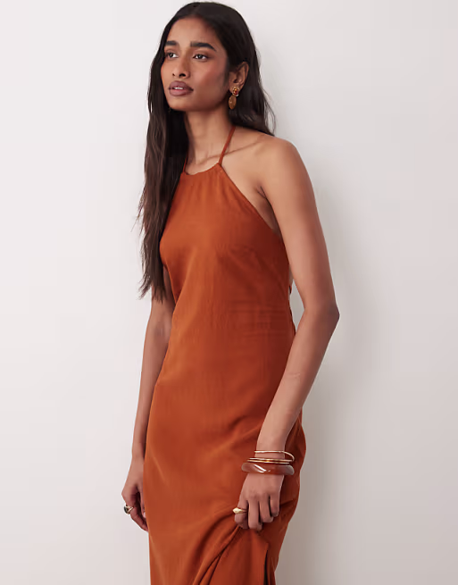 Miss Selfridge linen mix halter maxi dress in rust