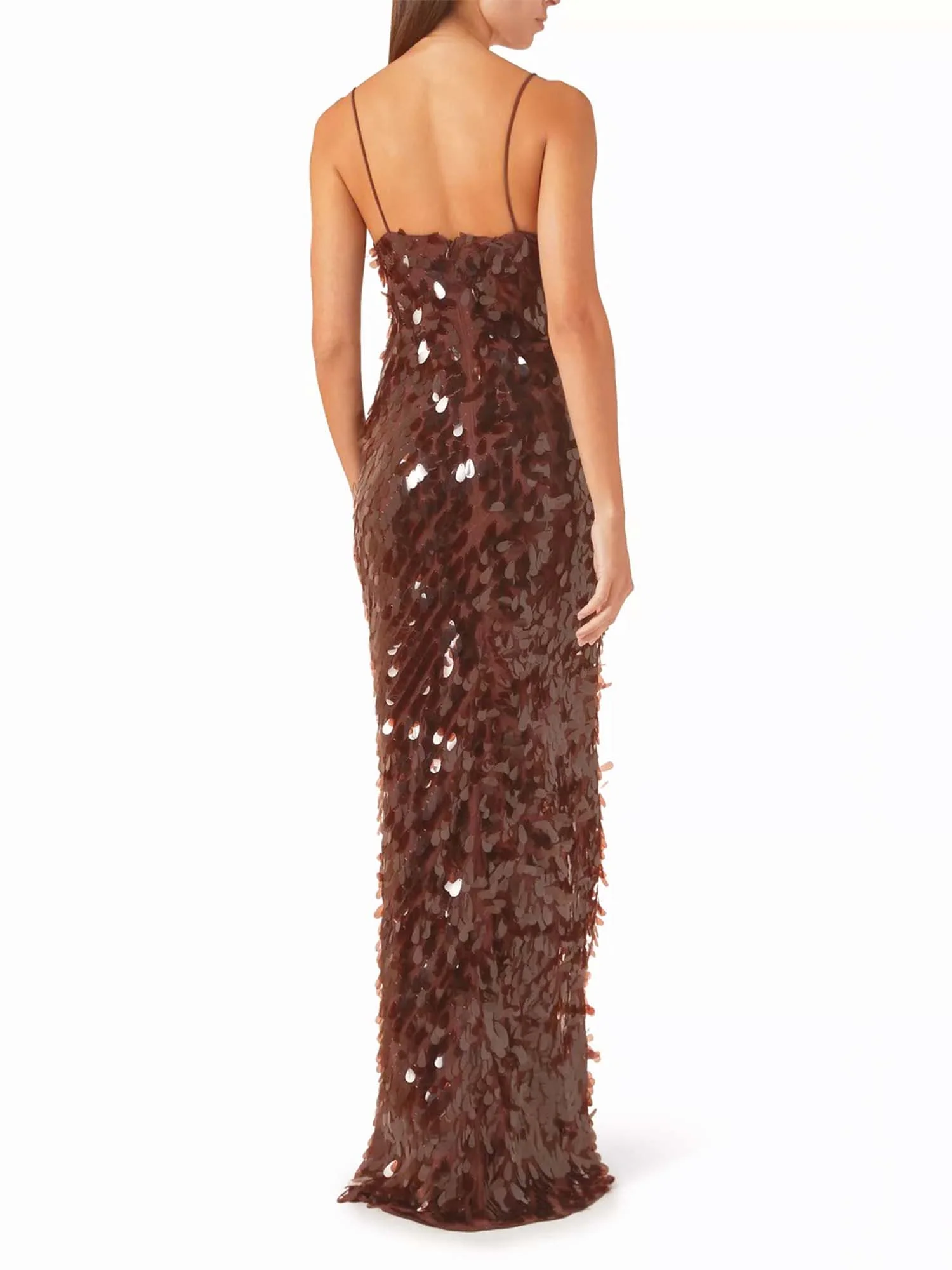 Brown Sequin Plunge Maxi Dress