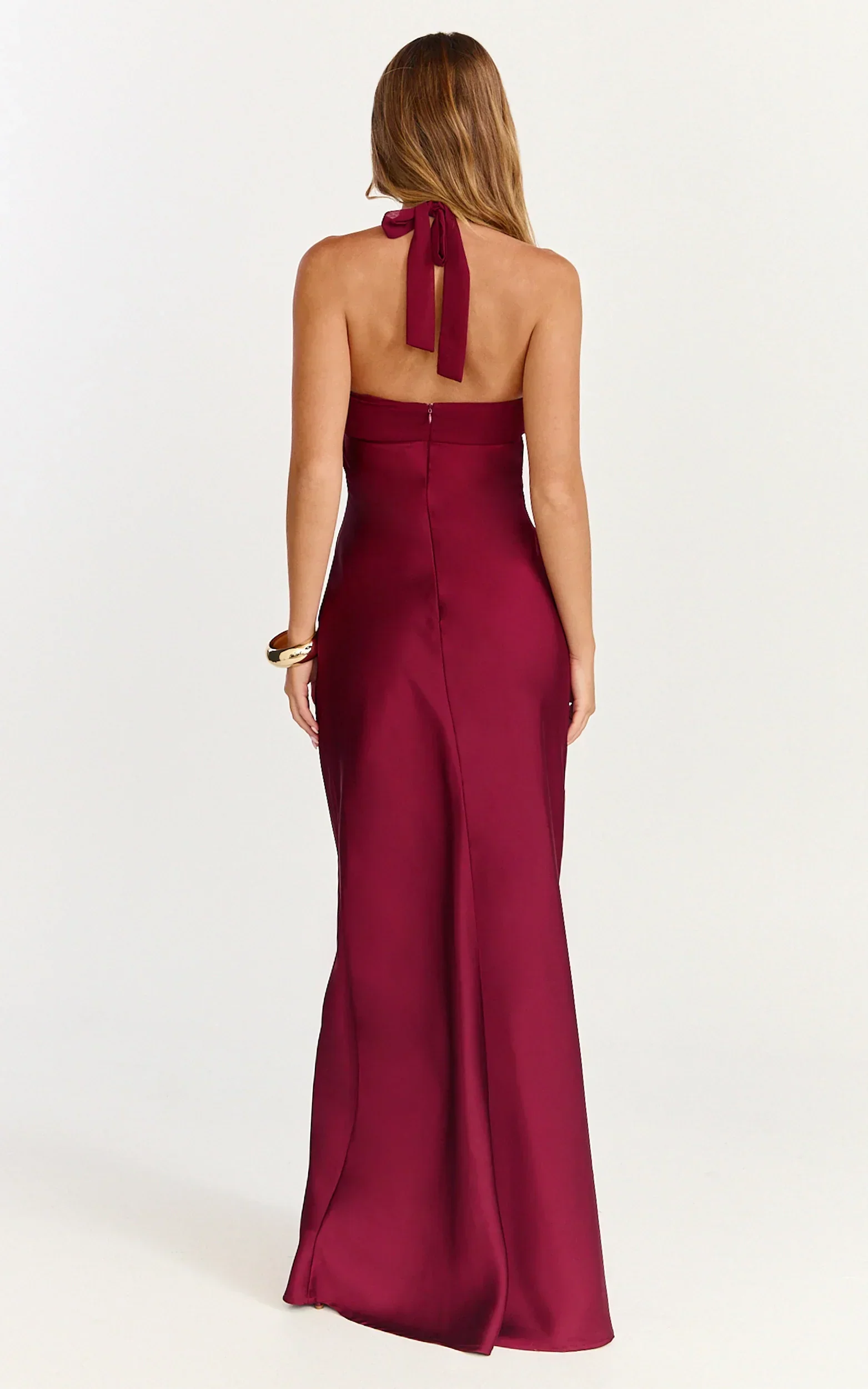 Flynn Maxi Dress - Satin Halter Sweetheart Neck Dress in Wine - luluinthesky