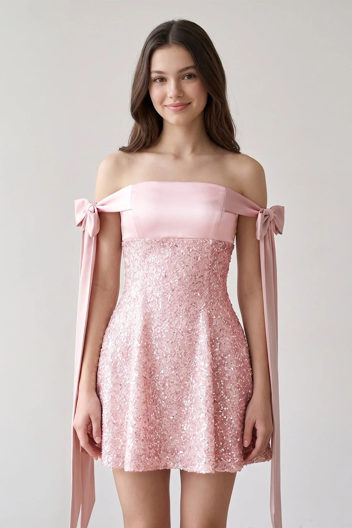 Pink Off-the-Shoulder A-Line Satin Homecoming Dress with Sequins